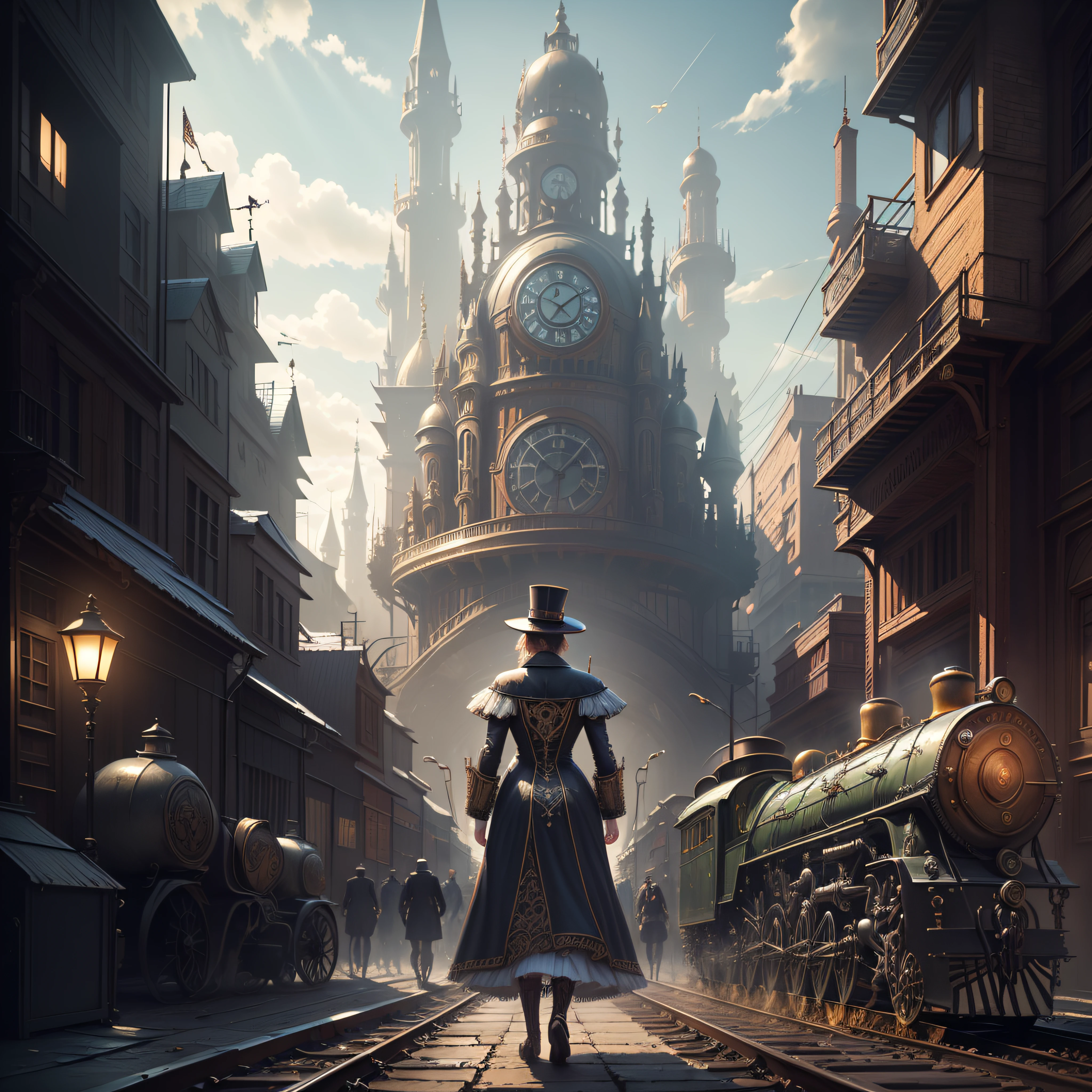 (best quality, masterpiece) hyper mega metropolis with humanoids on the street, (Victorian architecture+advanced technology), steam engines, (Victorian costume and style+horror) in an environment of speculative fiction horror.