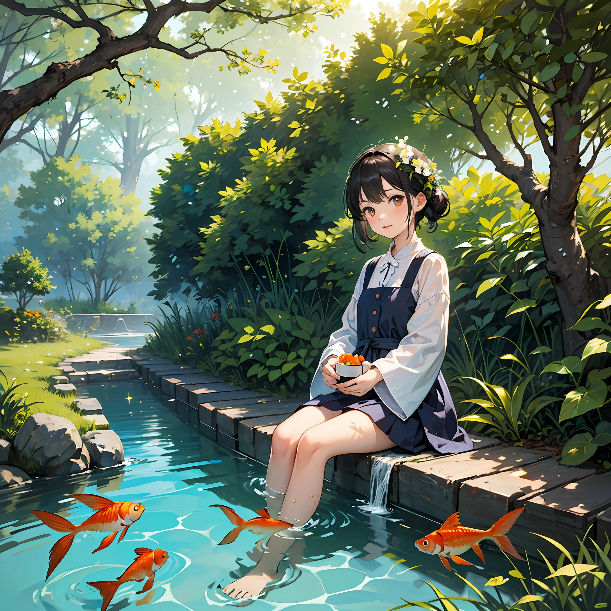 nature scenes，The girl who was secretly photographed，steins，sapling，small stream，Swimming goldfish，Birds on branches，rays of sunshine