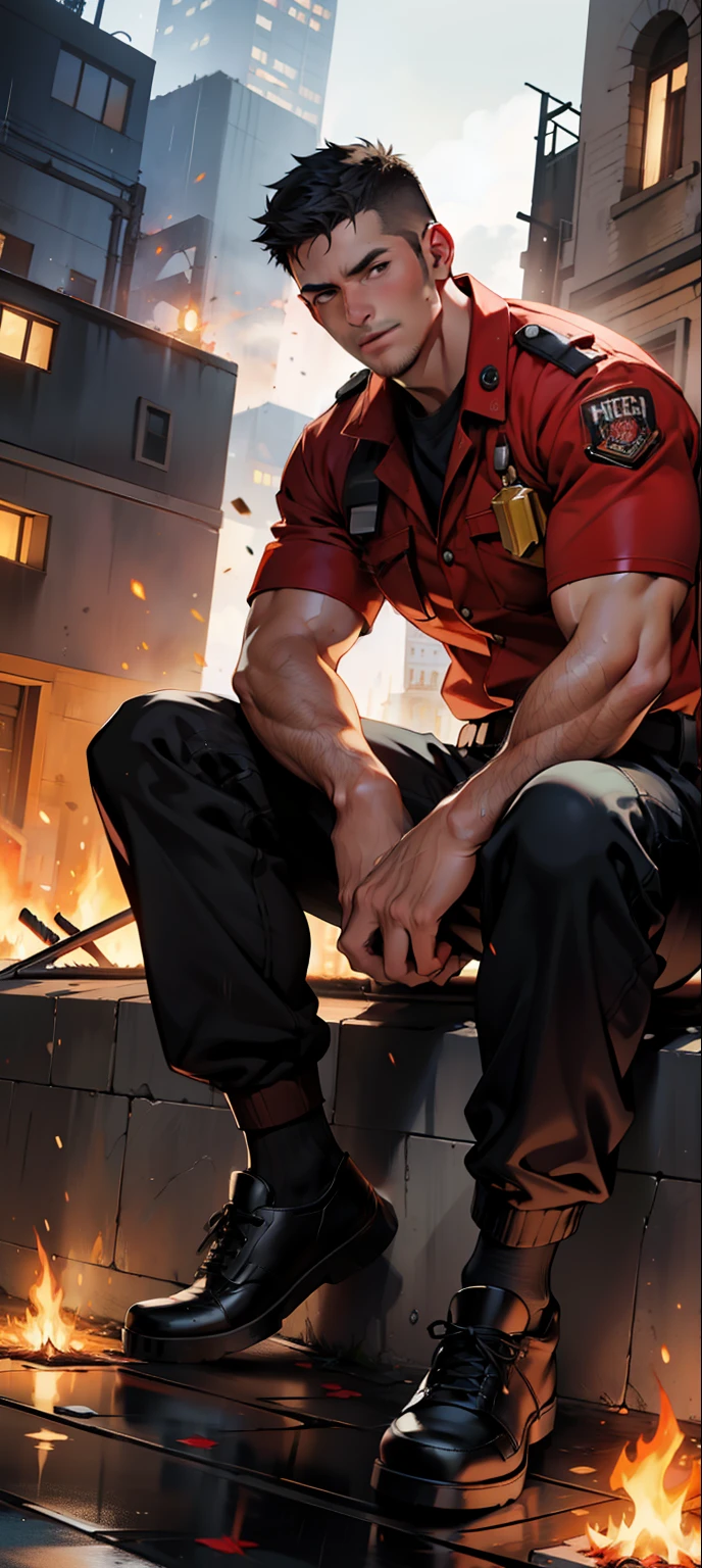 masterpiece, best quality, face, natural eyes, 1man, young man, european, big feet, black socks, large bulge, long legs, looking at viewer, 30 years old, muscled and mature, short haircut, a fire fighter, a firefighter in uniform, a firefighter sitting on the burning ground with fire nozzles in hand and legs stretched, fire fighter uniform, a firrfighter holding a fire nozzles, fire nozzles, water, raining night, fire on the buildings, city night, revelling chest and abs, fire, open chest, naked, flush, organism, face covered with white fluids, sweating, tight cloth, erecting, black leather shoes, very short pants, black socks