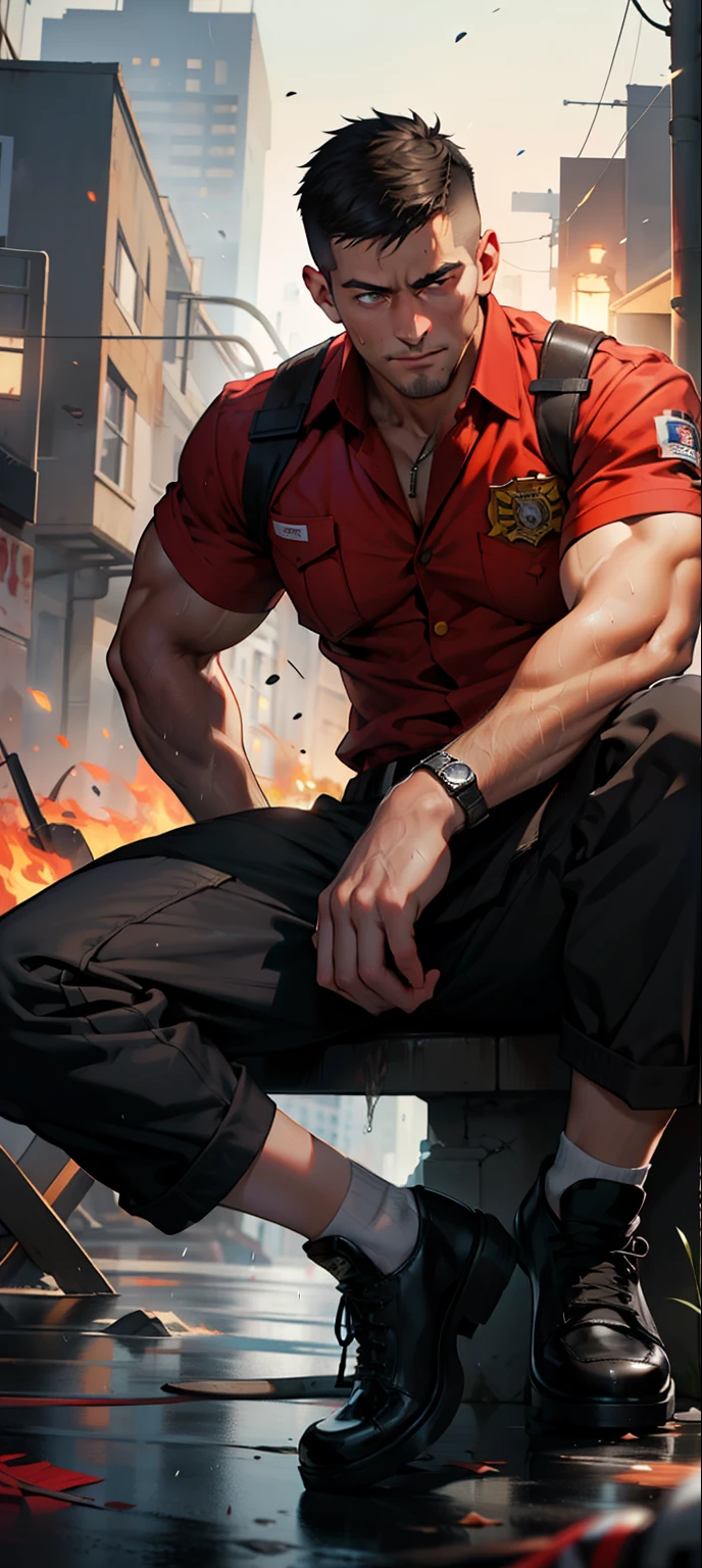masterpiece, best quality, face, natural eyes, 1man, young man, european, big feet, black socks, large bulge, long legs, looking at viewer, 30 years old, muscled and mature, short haircut, a fire fighter, a firefighter in uniform, a firefighter sitting on the burning ground with fire nozzles in hand and legs stretched, fire fighter uniform, a firrfighter holding a fire nozzles, fire nozzles, water, raining night, fire on the buildings, city night, revelling chest and abs, fire, open chest, naked, flush, organism, face covered with white fluids, sweating, tight cloth, erecting, black leather shoes, very short pants, black socks
