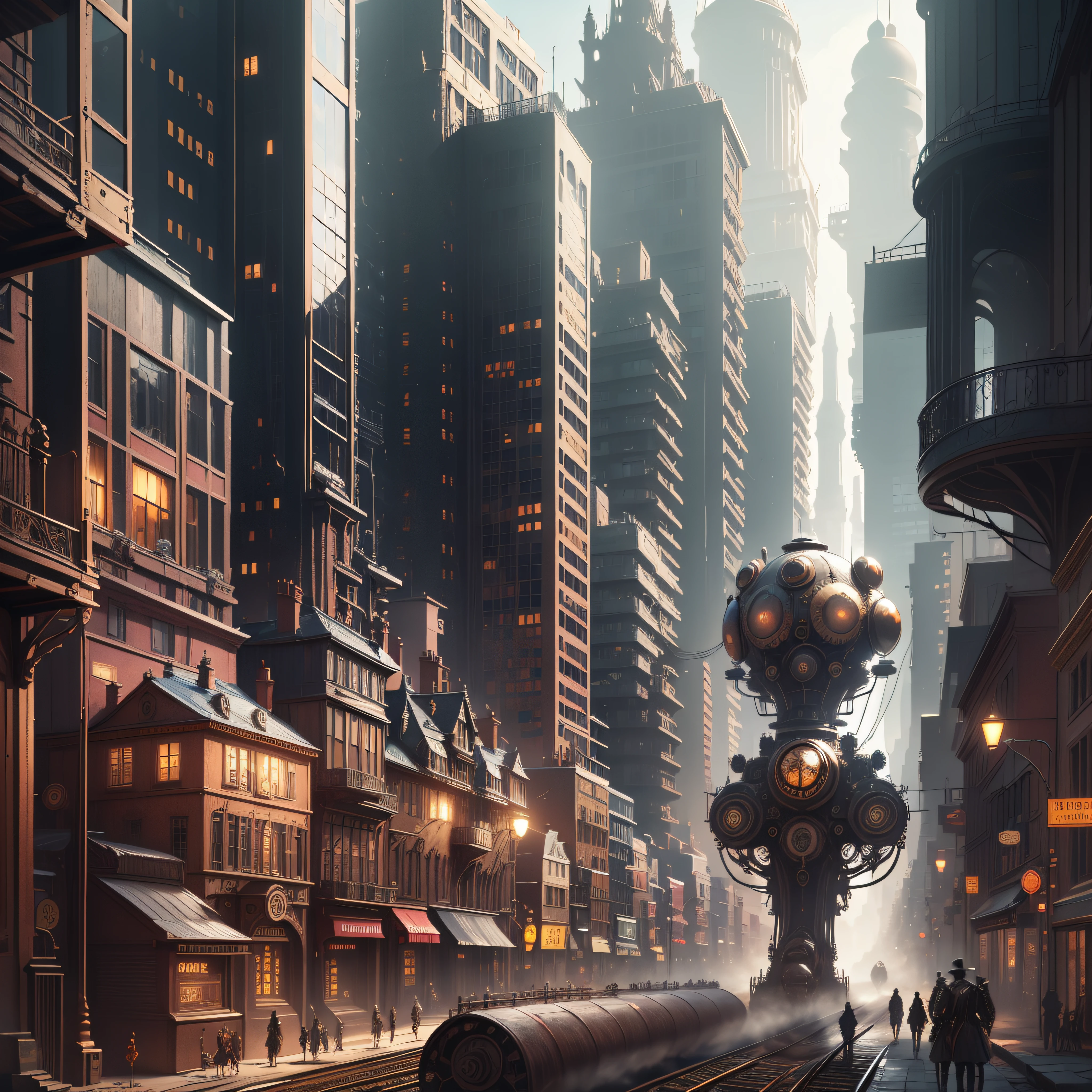 (best quality, masterpiece) hyper mega metropolis with humanoids on the street, (Victorian architecture+advanced technology), steam engines, (Victorian costume and style+horror) in an environment of speculative fiction horror.