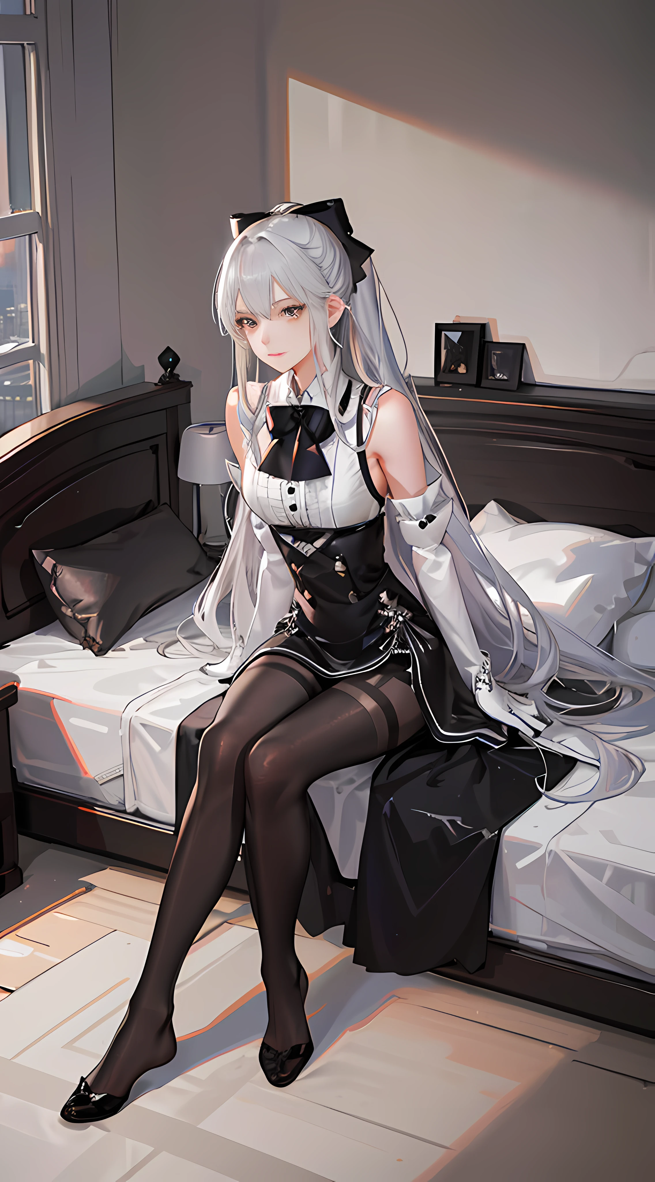 (((1 girl)),ray tracing,(dim lighting),[detailed background (bedroom)),((silver hair)),((silver hair)),(Fluffy silver hair, plump slender girl)) with high ponytail)))) Avoid blonde eyes in the ominous bedroom ((((Girl wears intricately embroidered black high-waisted pants with pantyhose) and white ruffled bow gloves), showing a delicate slim figure and graceful curves, correct limbs, sitting on the bed