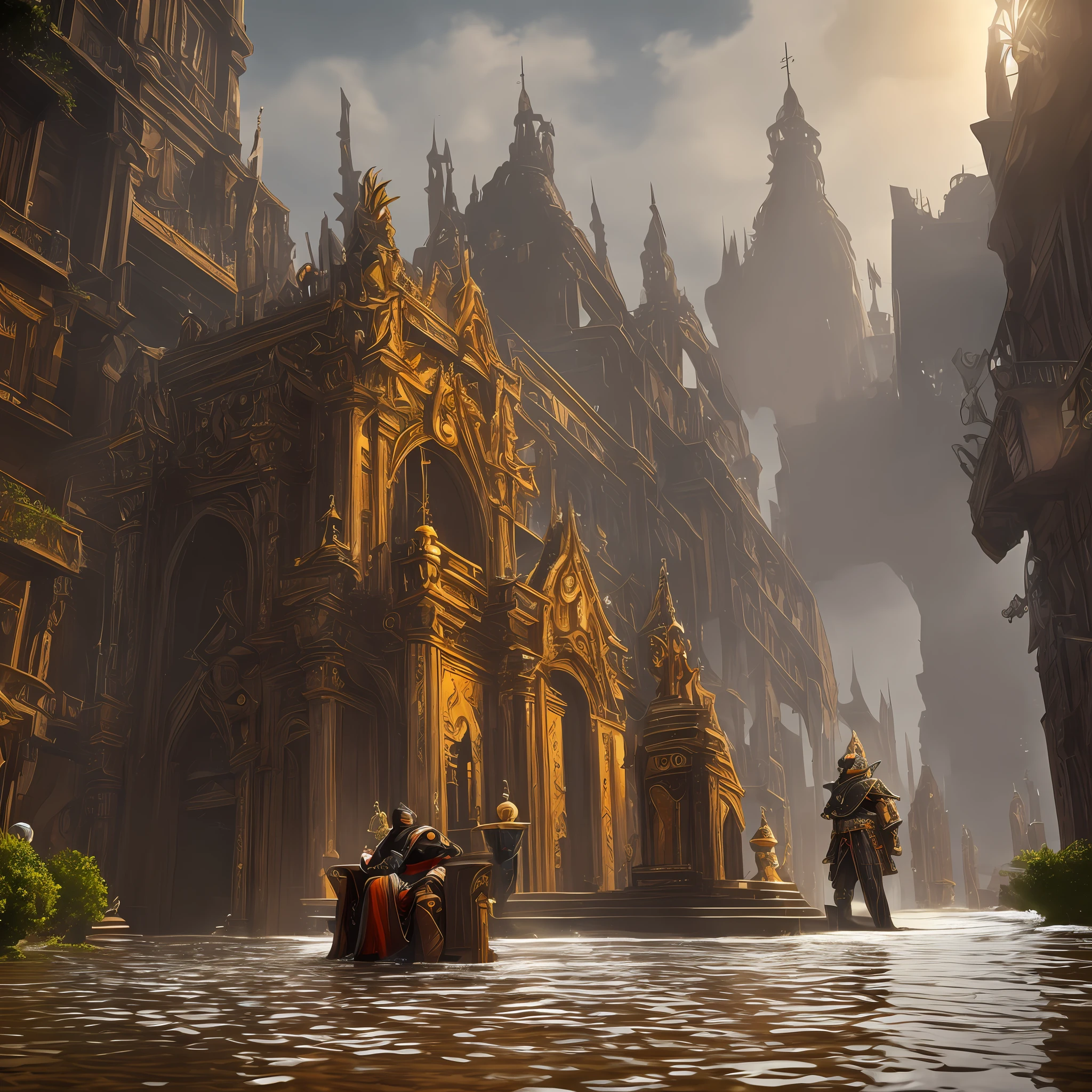 a military veteran sitting on the throne in the heart of the city of Glas, throne is A very humid place full of puddles and leaks, majestuosa, intimidante, armadura ornamentada, corona real, fondo borroso, natural  lighting, pelo corto de dos coletas, mirando al espectador, solo, muy detallado 8k --auto