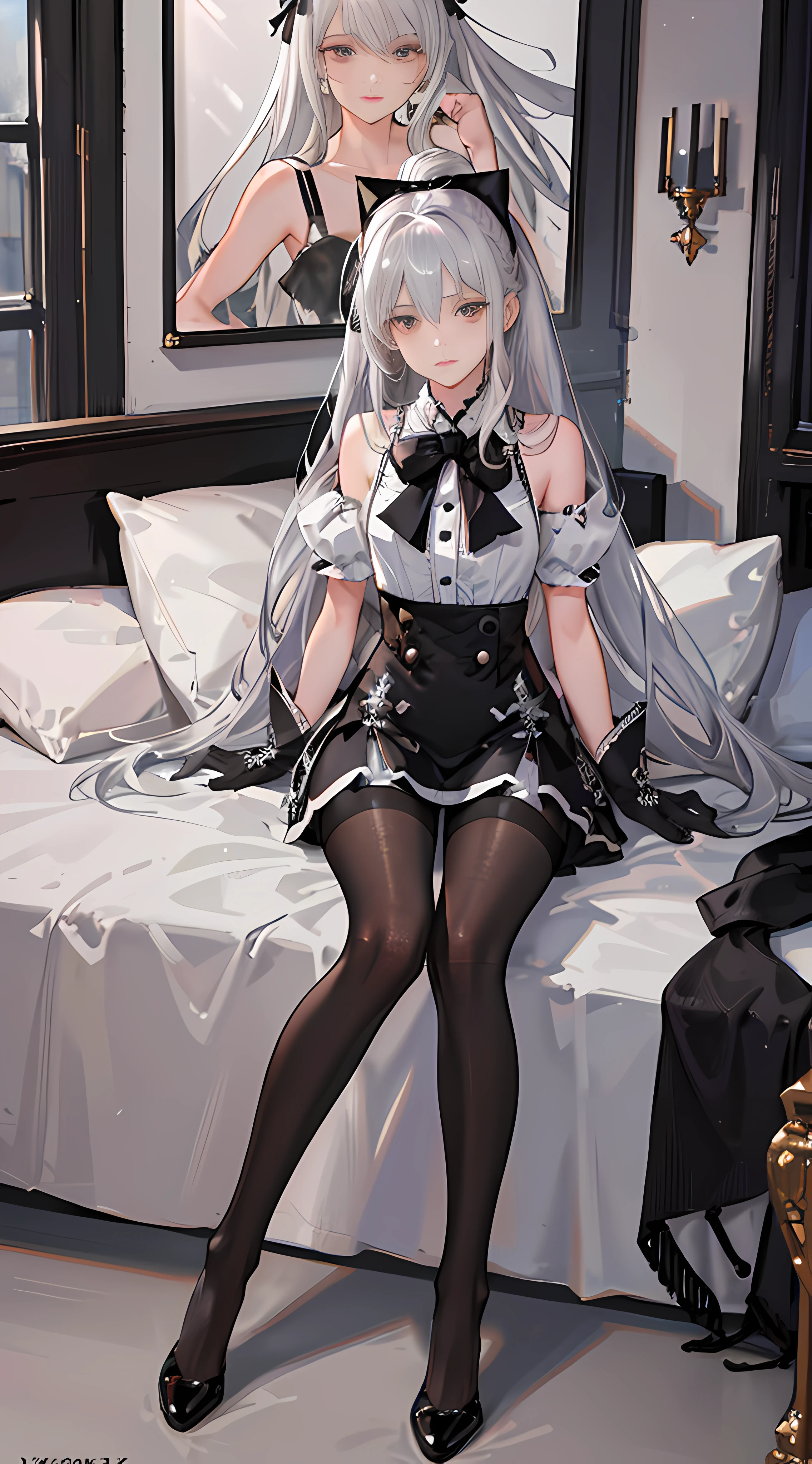 (((1 girl)),ray tracing,(dim lighting),[detailed background (bedroom)),((silver hair)),((silver hair)),(Fluffy silver hair, plump slender girl)) with high ponytail)))) Avoid blonde eyes in the ominous bedroom ((((Girl wears intricately embroidered black high-waisted pants with pantyhose) and white ruffled bow gloves), showing a delicate slim figure and graceful curves, correct limbs, sitting on the bed