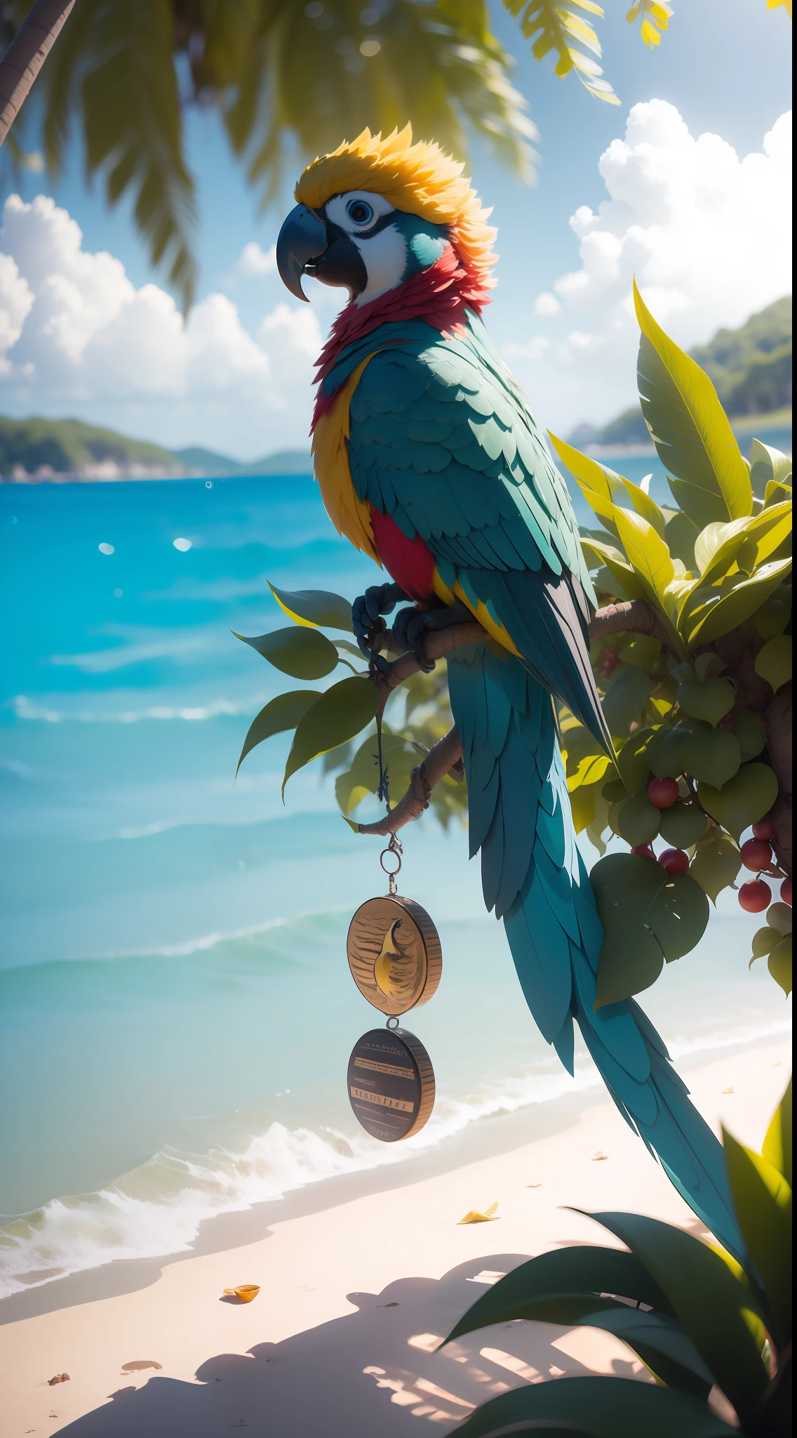 +(((On a beautiful beach))), enchanting atmosphere, (dominated by light blue color), a (beautiful and colorful) parrot stands on a (Stroopwafel), (delicious honey) dripping from it in a (fantasy) scene, (in 3D).