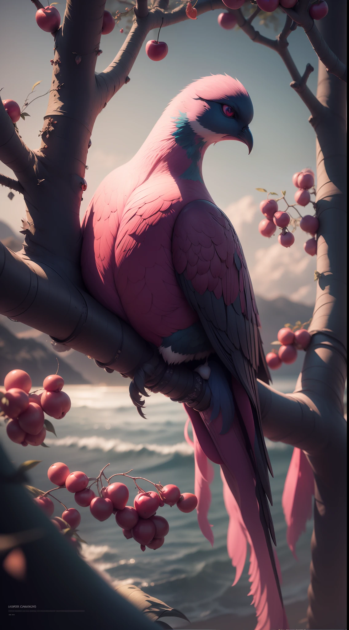 Beautiful and charming beach, cherry tree, homing pigeon, the general color is pink, 3d, (Extremely Detailed Oil Painting:1.2), glow effects, godrays, Hand drawn, render, 8k, octane render, cinema 4d, blender, dark, atmospheric 4k ultra detailed, cinematic sensual, Sharp focus, humorous illustration, big depth of field, Masterpiece, colors, 3d octane render, 4k, concept art, trending on artstation, hyperrealistic, Vivid colors, extremely detailed CG unity 8k wallpaper, trending on ArtStation, trending on CGSociety, Intricate, High Detail, dramatic