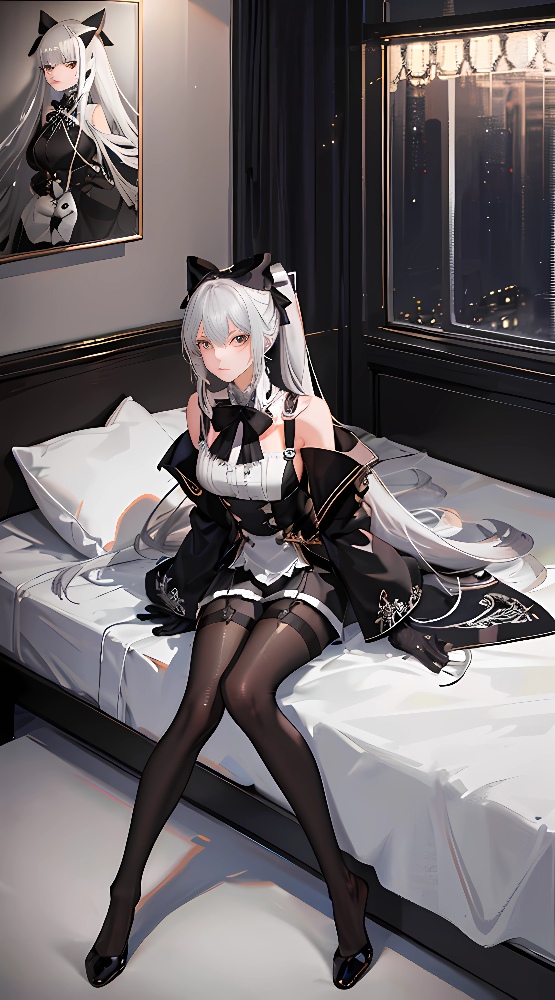 (((1 girl)),ray tracing,(dim lighting),[detailed background (bedroom)),((silver hair)),((silver hair)),(Fluffy silver hair, plump slender girl)) with high ponytail)))) Avoid blonde eyes in the ominous bedroom ((((Girl wears intricately embroidered black high-waisted pants with pantyhose) and white ruffled bow gloves), showing a delicate slim figure and graceful curves, correct limbs, sitting on the bed
