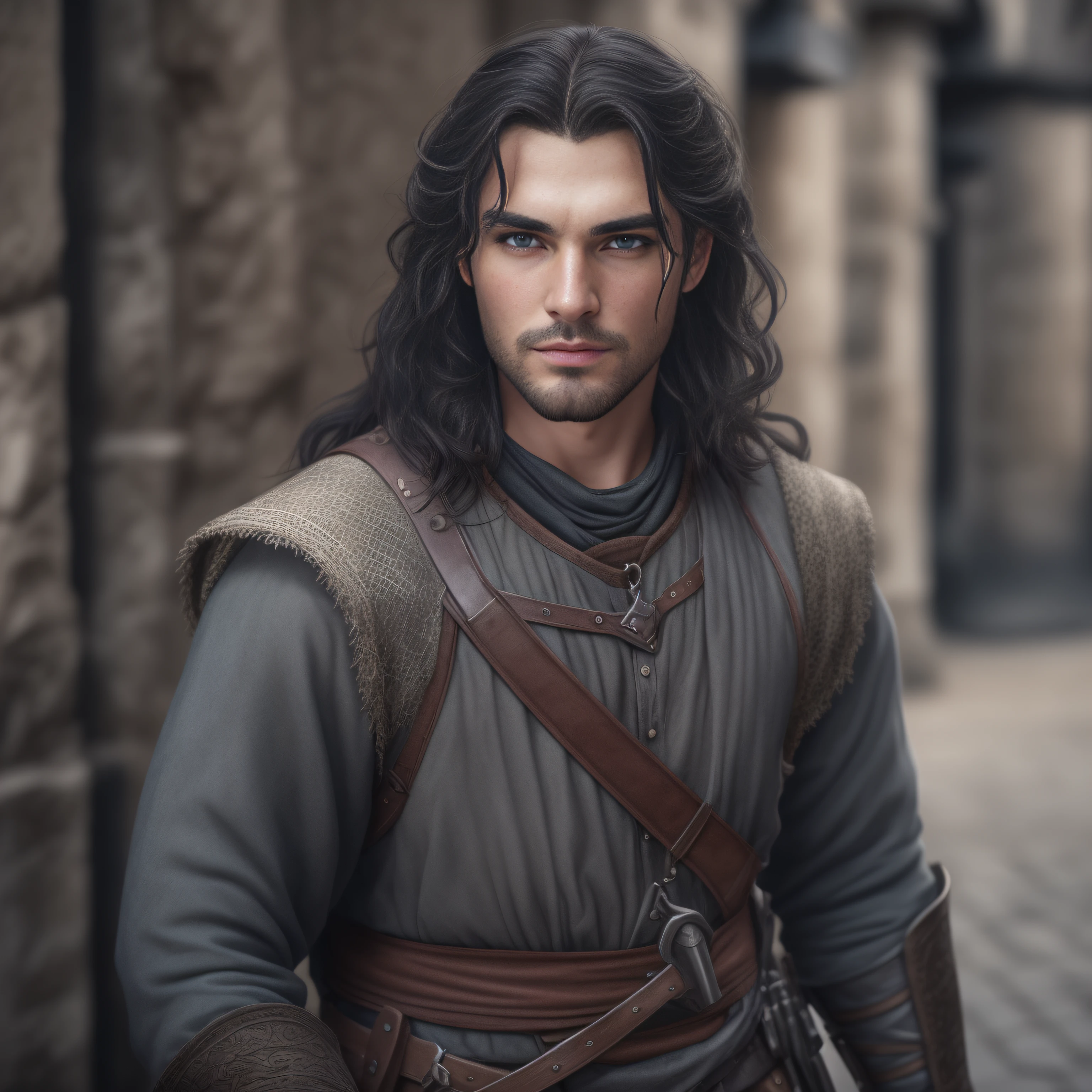 cinematic, photo, head and shoulder portrait photo, 1man, solo, 30 years old medieval fantasy male adventurer, pale skin, long wavy shabby black hair, incredible grey eyes, long arched eyebrows, short beard, medieval fantasy adventurer clothes, intense look, ugly but fascinating, in a big medieval city, Canon EOS 5D Mark IV, historical, fantasy, hyper detailed, accurate textures, realistic, skin pores