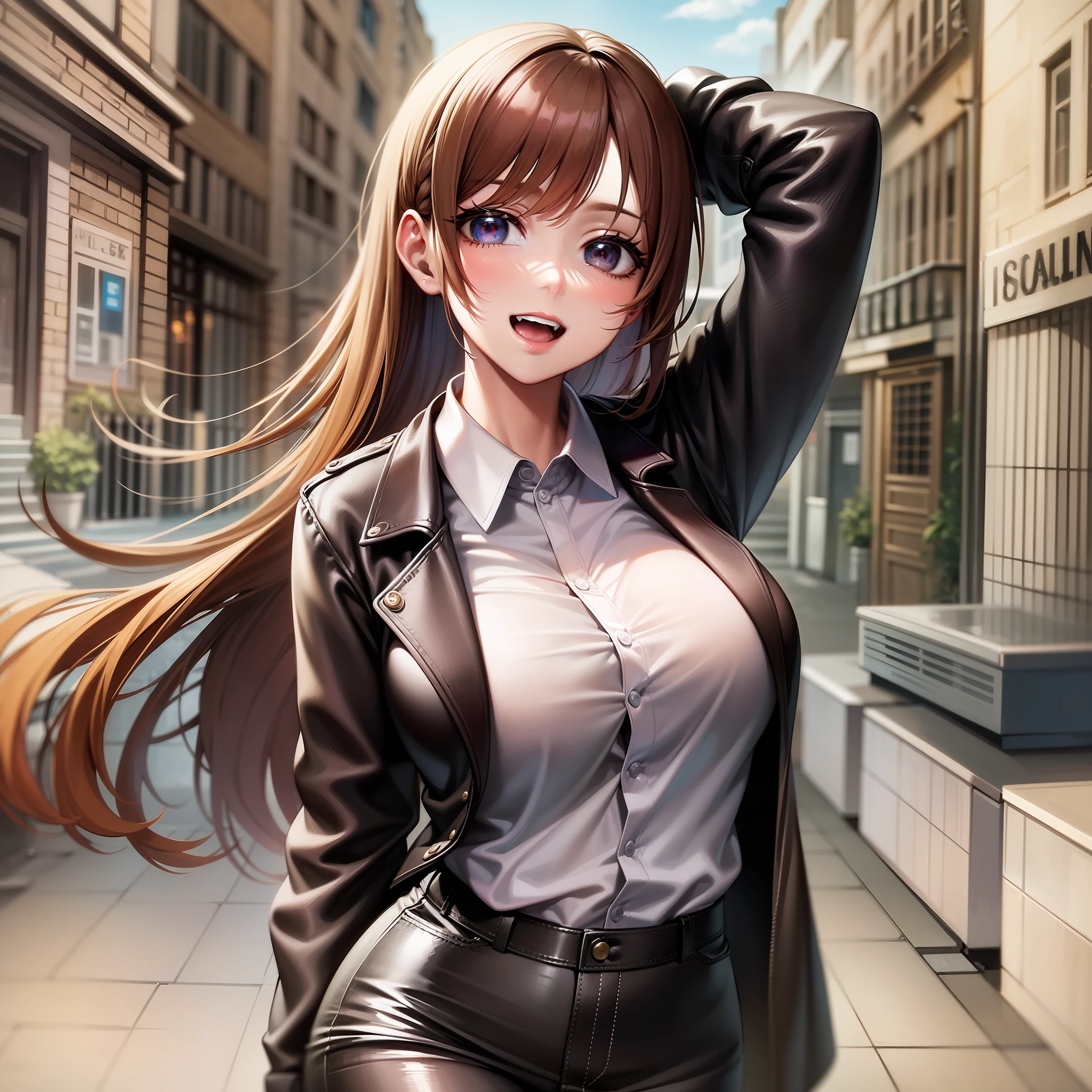 (Masterpiece: 1.6, Best Quality), (Fine and Beautiful Eyes: 1.2), (Overhead), High Quality, Beautiful Face, 1girl, Leather Tight Skirt, Oversized Leather Jacket, Big Tits, Long Hair, Wide Hips, (Landscaped), Street, Background, Detail Background, Spooky Smile, Angled Laughter at the Corners of Mouth, Long Coat, Shirt, Tie, Office Lady,