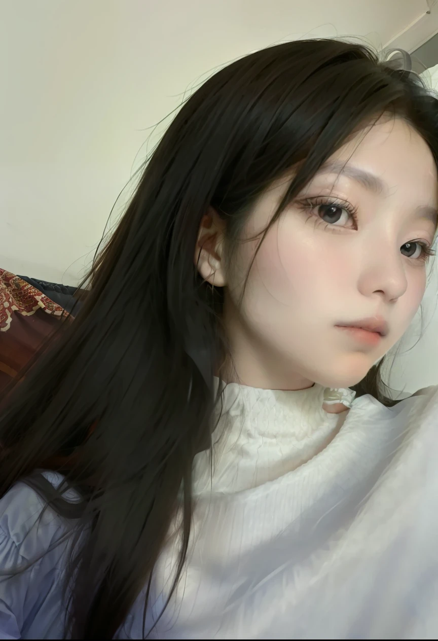 there is a woman with long black hair sitting on a couch, ulzzang, dang my linh, 18 years old, with long hair, inspired by Kim Jeong-hui, 19-year-old girl, xintong chen, jaeyeon nam, 1 6 , colored photo, very very low quality picture, profile picture, with kind face