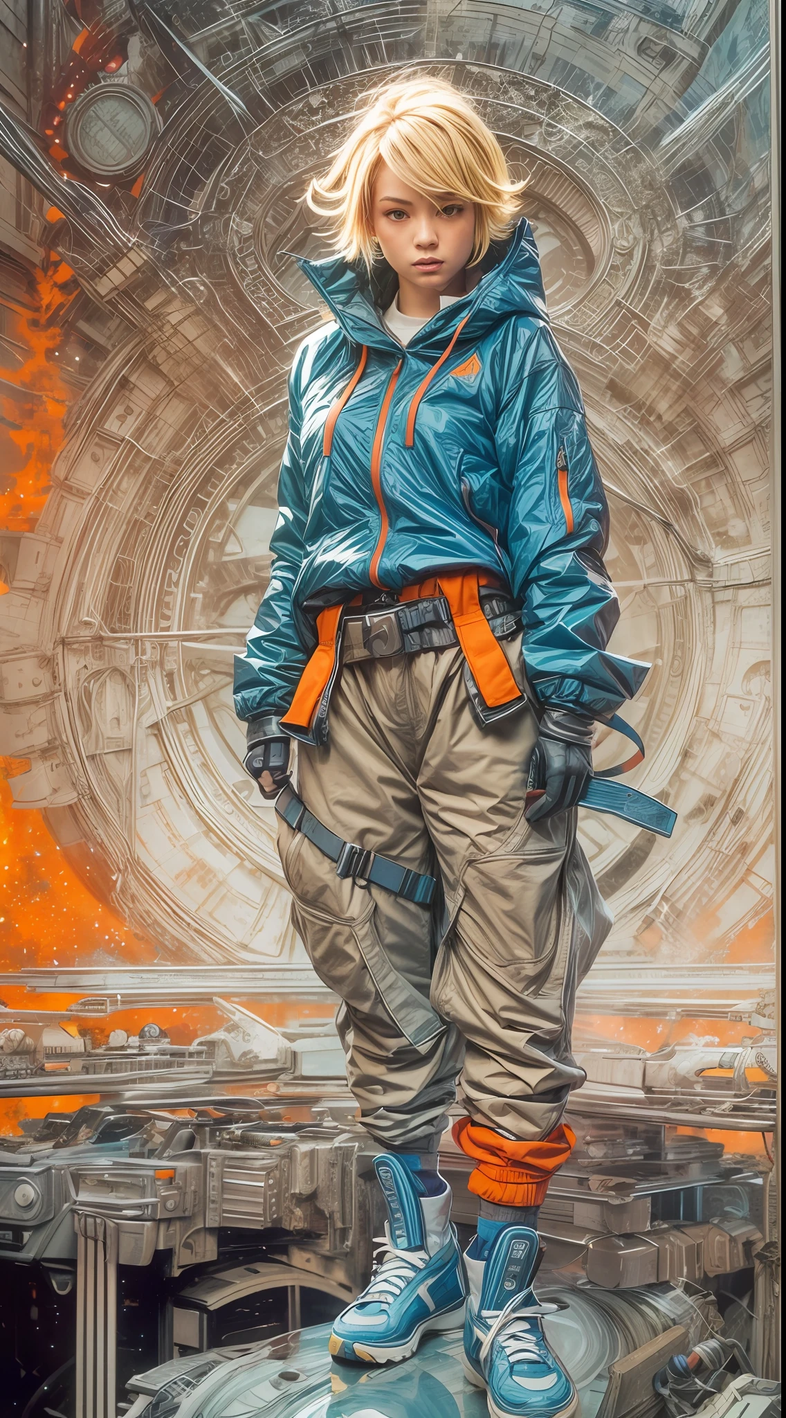 1monk warrior girl with blue orange techwear clothing, Short blonde hair, shoelace, Vintage Scifi Background Abstract, Art by Moebius, Art by Ashley Wood