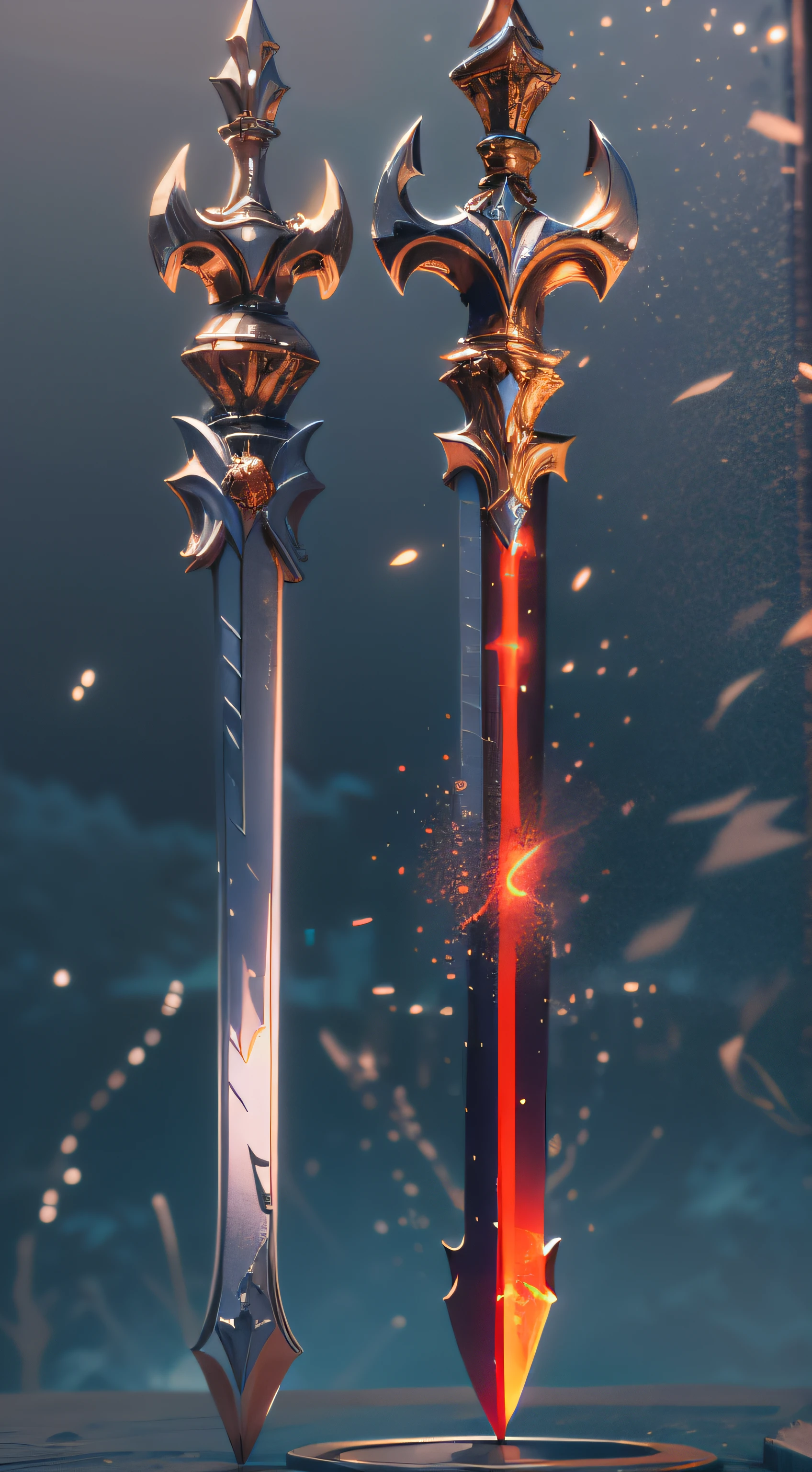 Excalibur，The body of the sword is wrapped with red and blue particle effects，Edge，Delicate sword hilt，Sharp sword body，（The sword body is symmetrically ornamented：1.3），The tip of the dangling sword is downward，（Excalibur's entire body is centered：1.3），Mid-range close-up，dreamlike landscapes，Ultra photo realsisim，super-fine，8K,Premium wallpapers，Highest image quality，3D,C4D,Master masterpieces，octaneratingrendering