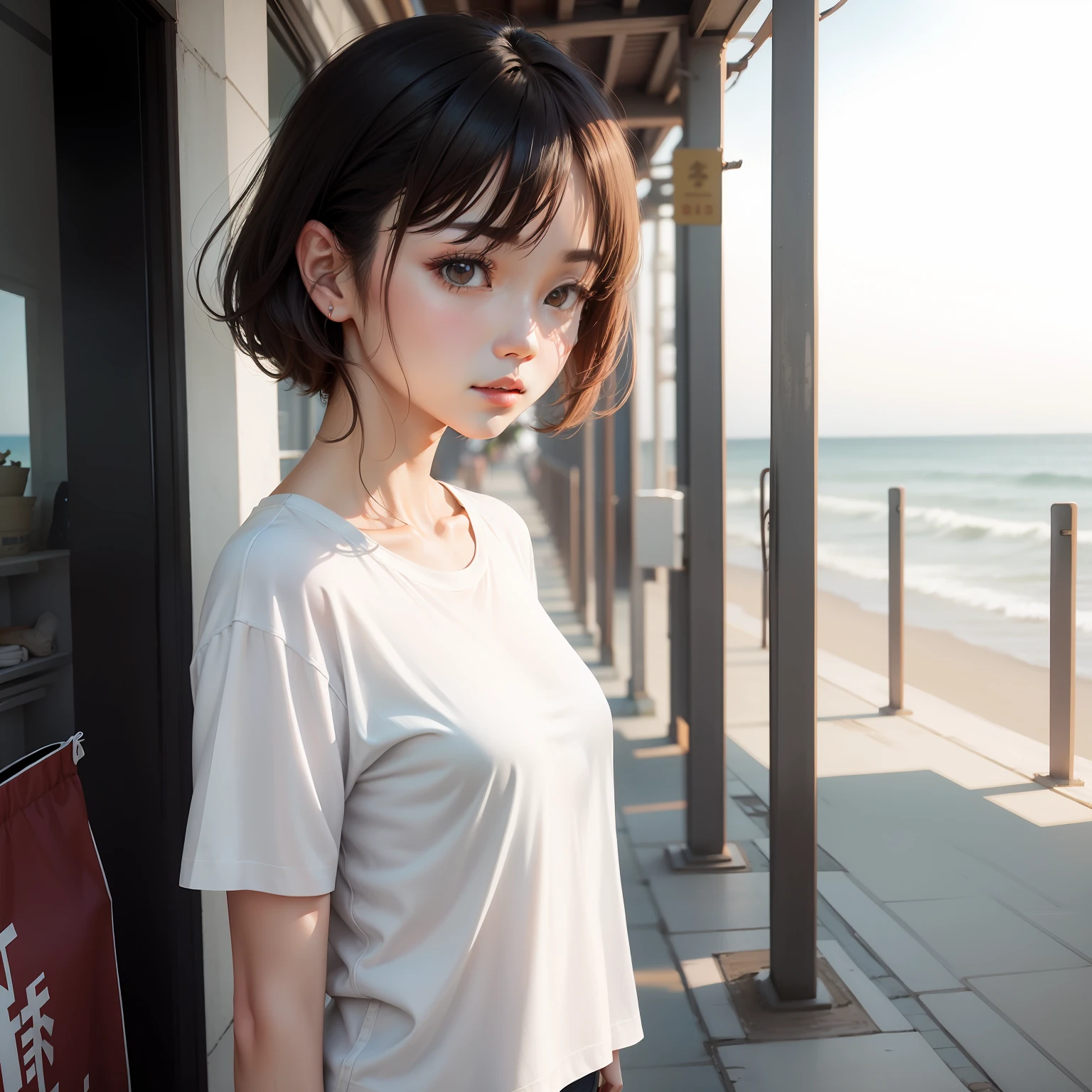 Taobao main image,plain white T-shirt,Light mature style,Female model,The background is the seaside