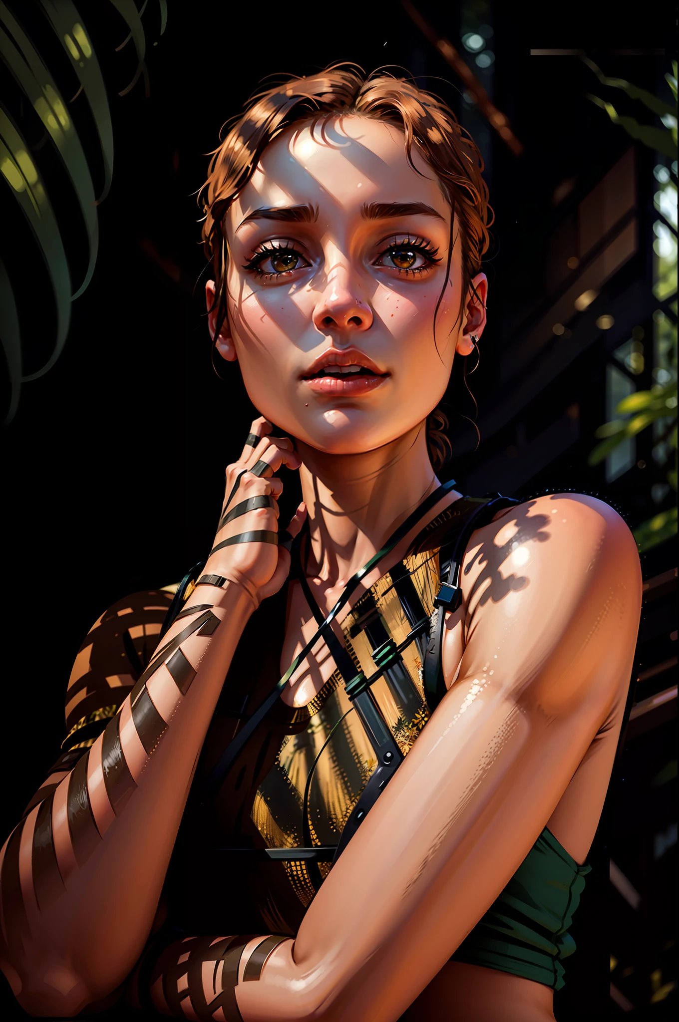 a hyper-realistic portrait of a young woman, inside a forest, in the middle of nature, 22 years old, realistic, (lying on her side), sexy, (huge breasts 2:1), short brown hair, (hair tied with bows), curved, SFW