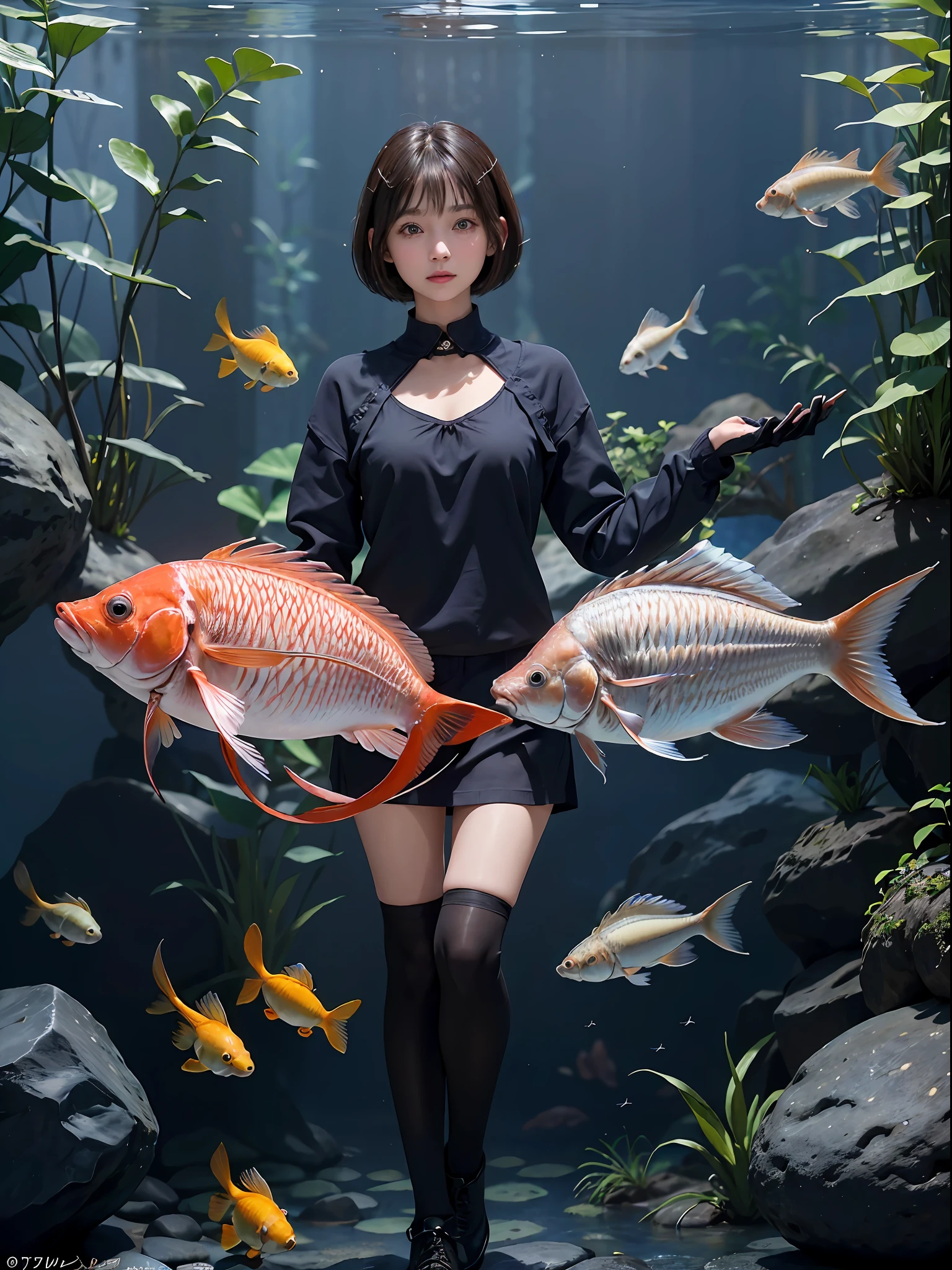 (((a 20 yo woman)))、((aquariums))、​masterpiece, 1 beautiful girls, (((very_Short_hair))), Eye details, Swollen eyes, Top image quality, 超A high resolution, (Realistis: 1.4), OriginalPhotographs, 1girl in, Cinematographic lighting, japanes, very beautif, Beautiful skins, (A hyper-realistic), (hight resolution), (8 K), (ighly detailed), (The best illustrations), (beautifully detailed eyes), (ultra-detailliert), A detailed face, look at a camera, Facing straight ahead, Neat Clothing, shorth hair、A dark-haired、46-point diagonal bangs、((aquariums))、Lots of fish、tropical fish