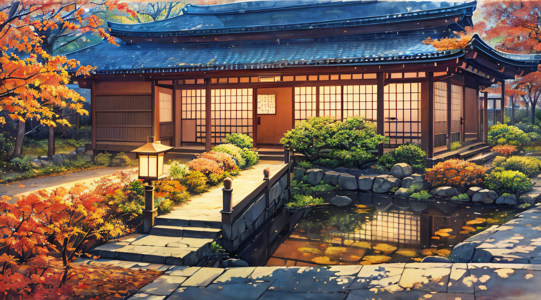 landscape, Japan, plain, nature, (night: 1.2), ((natural lighting)), clear focus, (long shot: 1.1), (watercolor: 1.2), painting, (autumn: 1.2), studio ghibli