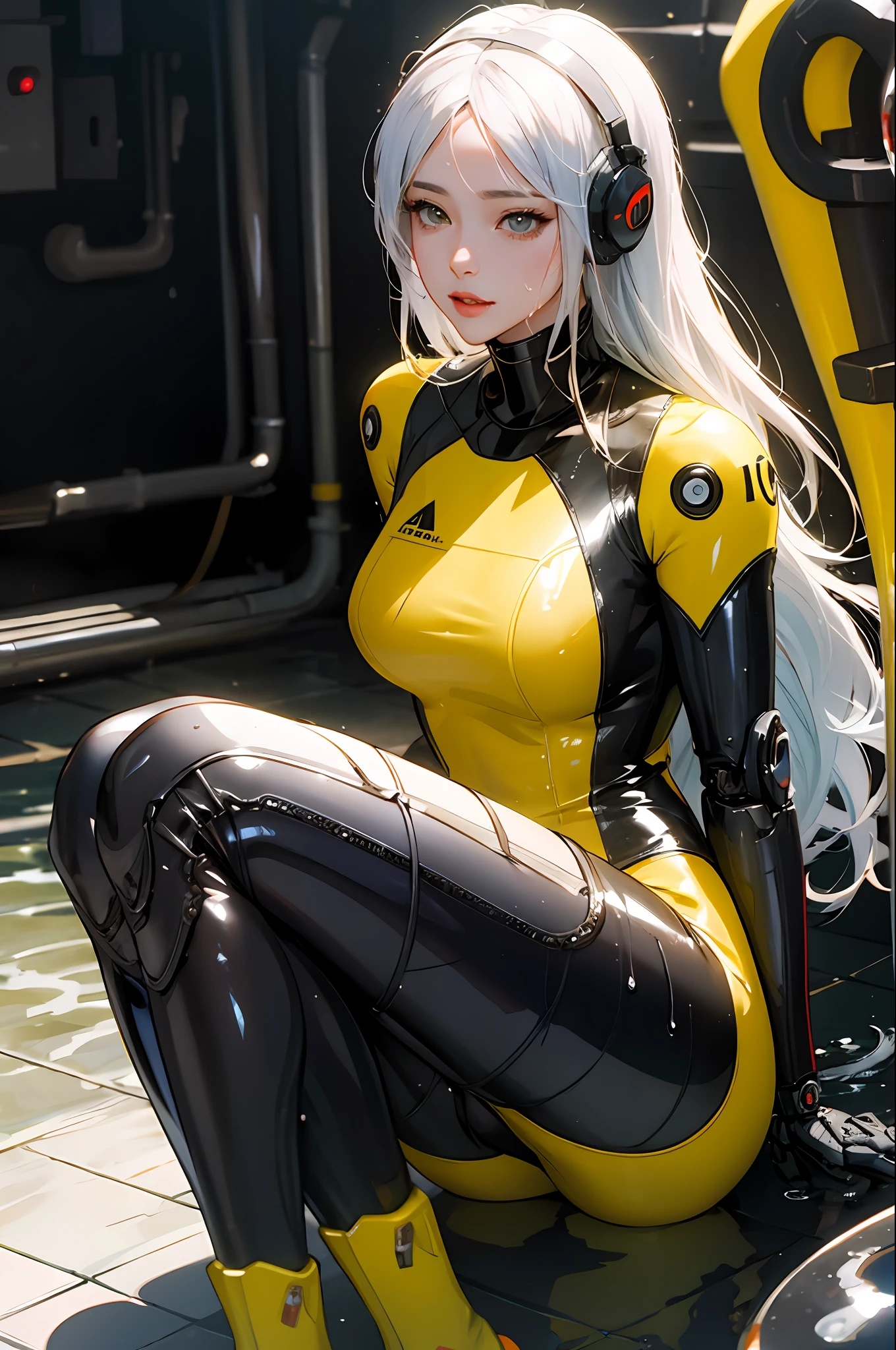 Allah's woman in yellow wetsuit sitting in a puddle, glossy wet skin!!, wet shiny skin, liquidmetal, Beautiful Female Android!, perfect android girl, Seductive Anime Girl, biomechanical oppai, cyberpunked, Drenched body, Latex skin, Wet look