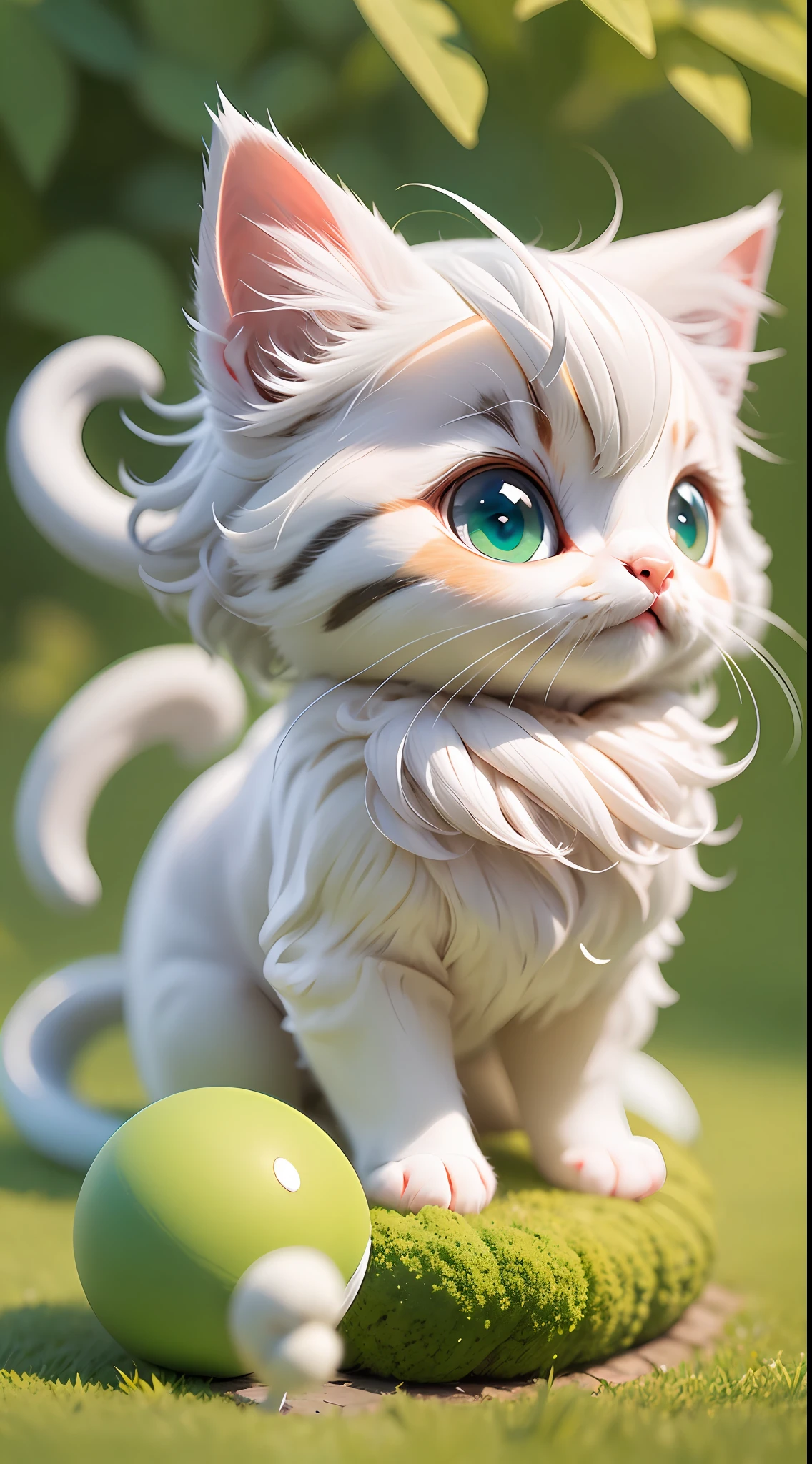 A white-haired kitten，adolable，spherical，cleanness，afloat，shaggy，Big eyes，Non-human，In the green one，Simple，ssmile，Funny，Morandi color system，looking to the right，Turn right