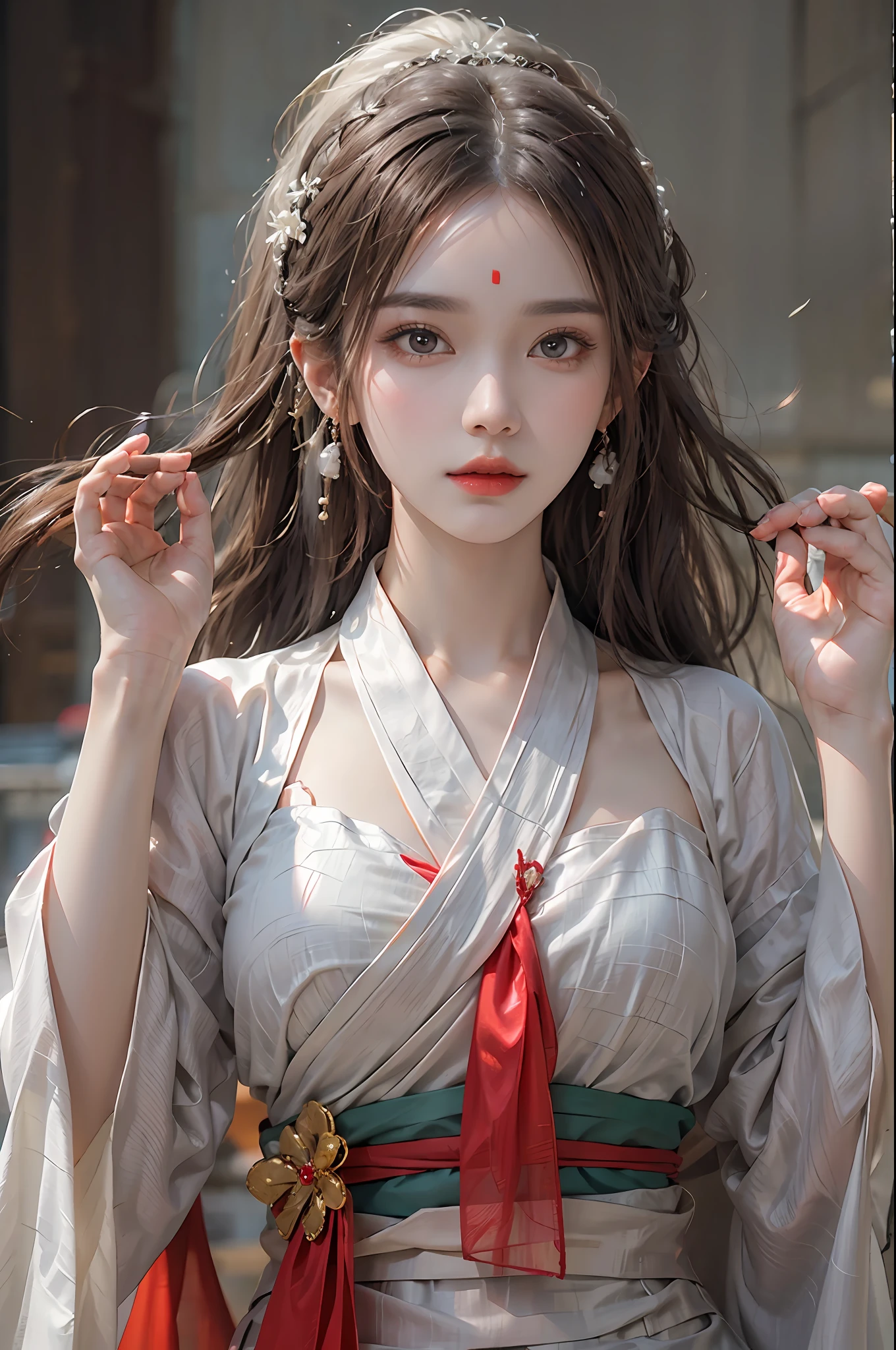 photorealistic, high resolution, 1 women, solo, hips up, beautiful eyes, long hair, red wedding hanfu, red dot on forehead chinese, gorgeous accessories, wearing pearl earrings