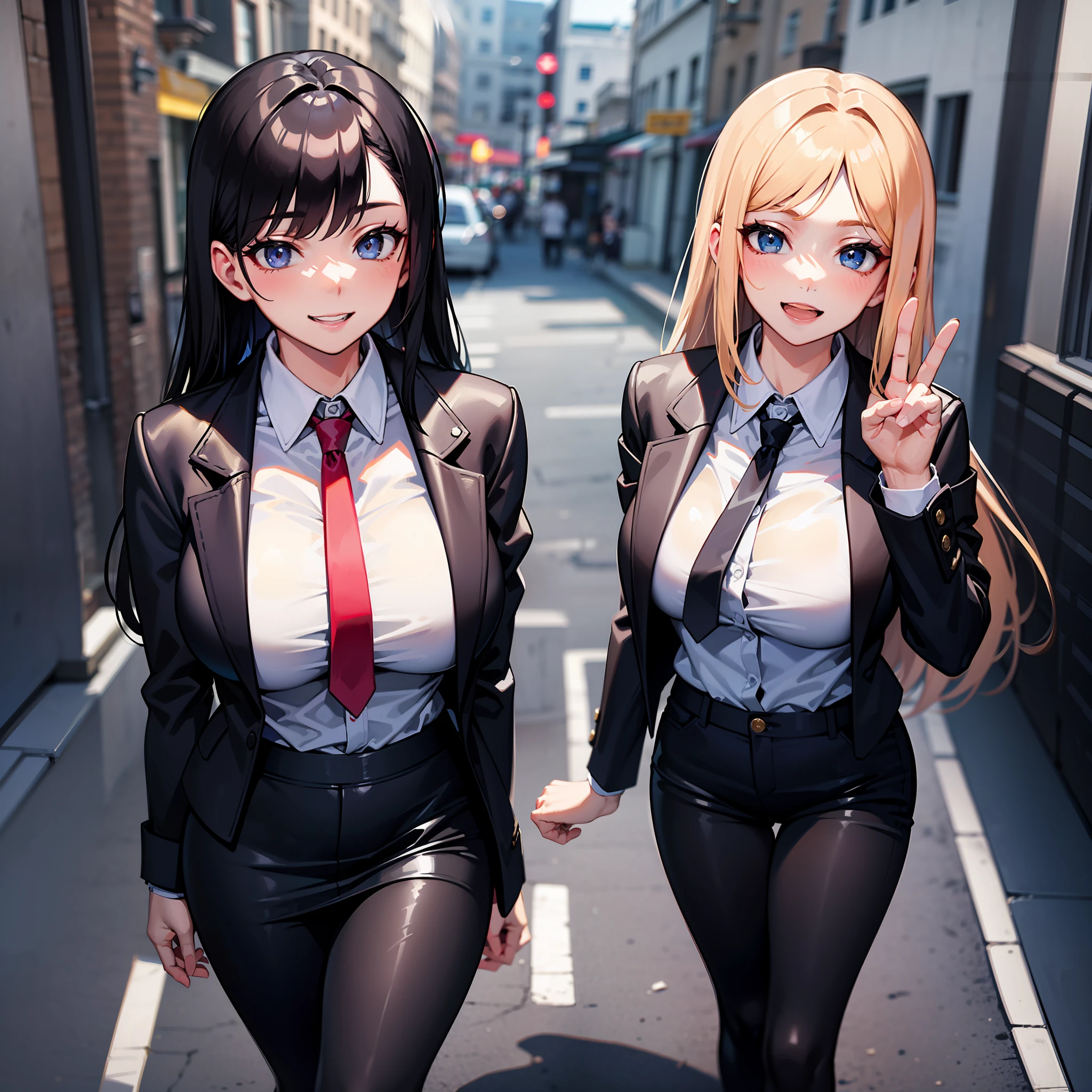 (Masterpiece: 1.6, Best Quality), (Fine and Beautiful Eyes: 1.2), (Overhead), High Quality, Beautiful Face, 1girl, Leather Tight Skirt, Oversized Leather Jacket, Big Tits, Long Hair, Wide Hips, (Landscaped), Street, Background, Detail Background, Spooky Smile, Angled Laughter at the Corners of Mouth, Long Coat, Shirt, Tie, Office Lady,