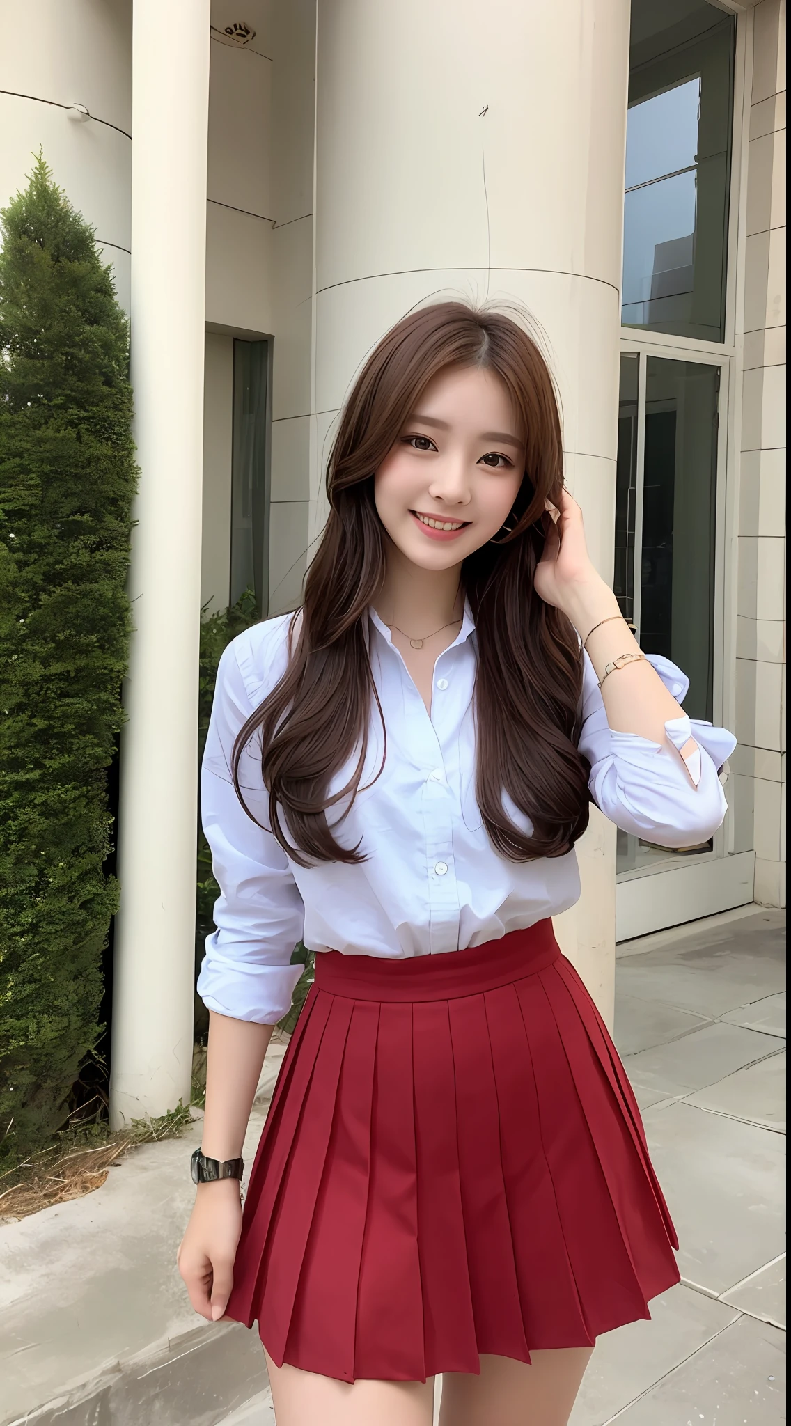 Very detailed 8k wallpaper)、foco nítido、in detail、Drama、Delicate and beautiful schoolgirl、sixteen years old、Sheer white shirt、Red short skirt、ligh brown hair、hair adornments、Beautiful and sexy、A smile、Peek at the viewer、Beautiful graphics、Bright school building、Full of students、clean legs、