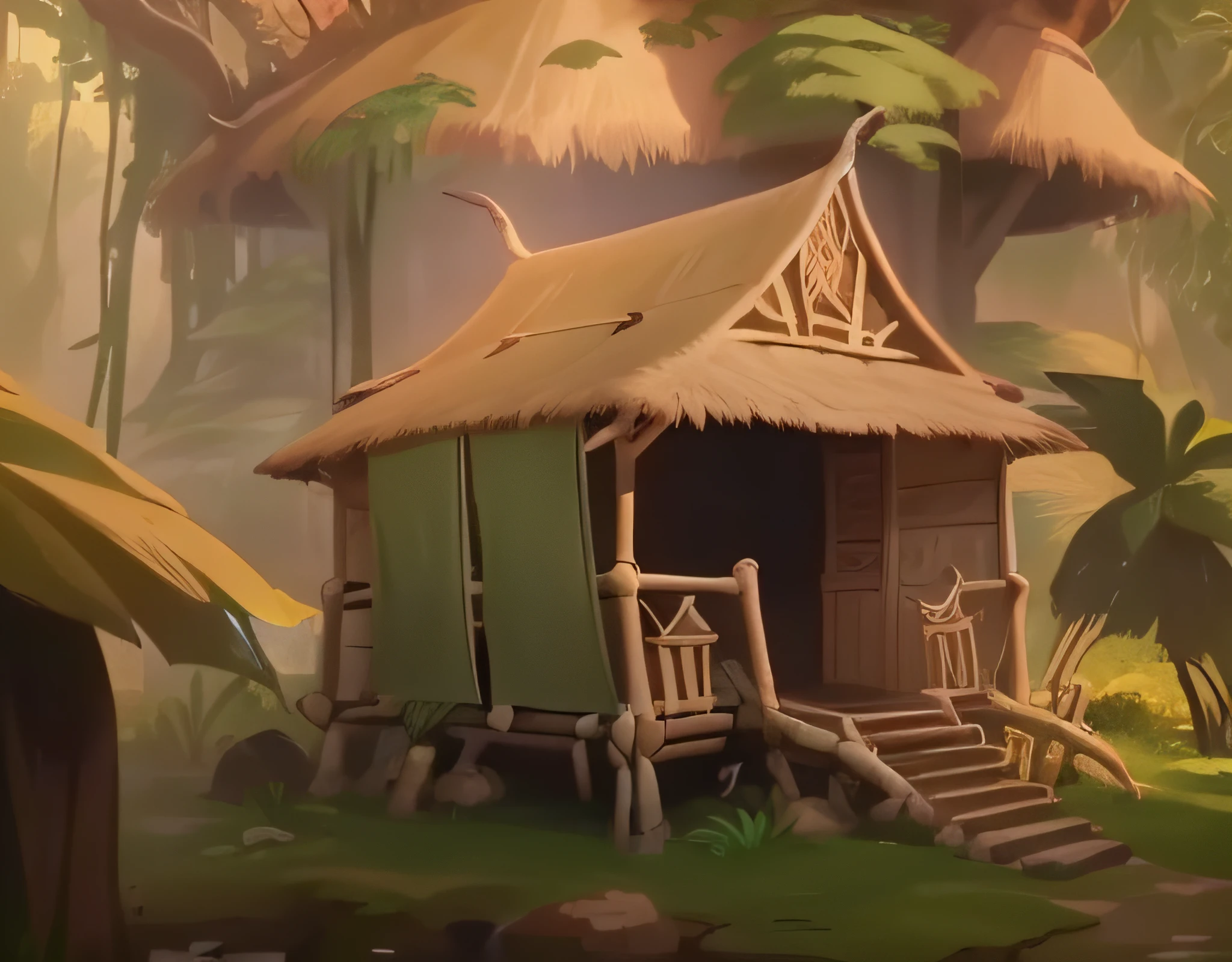 there is a small hut with a thatched roof in a jungle, jungle setting, stylized concept art, shack close up, witch hut, painted as a game concept art, legend of korra setting, bamboo huts, 2 d game environment design, jungle environment, art nouveau jungle environment, tribe huts in the jungle, makeshift house, random background scene