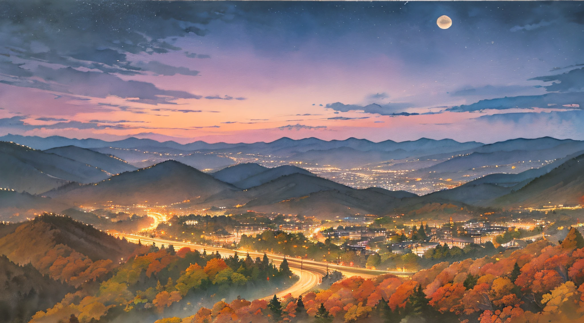 landscape, Japan, plain, nature, aerial view, (night: 1.2), ((natural lighting)), clear focus, (long shot: 1.1), (watercolor 1.2), painting, (autumn: 1.2), studio ghibli