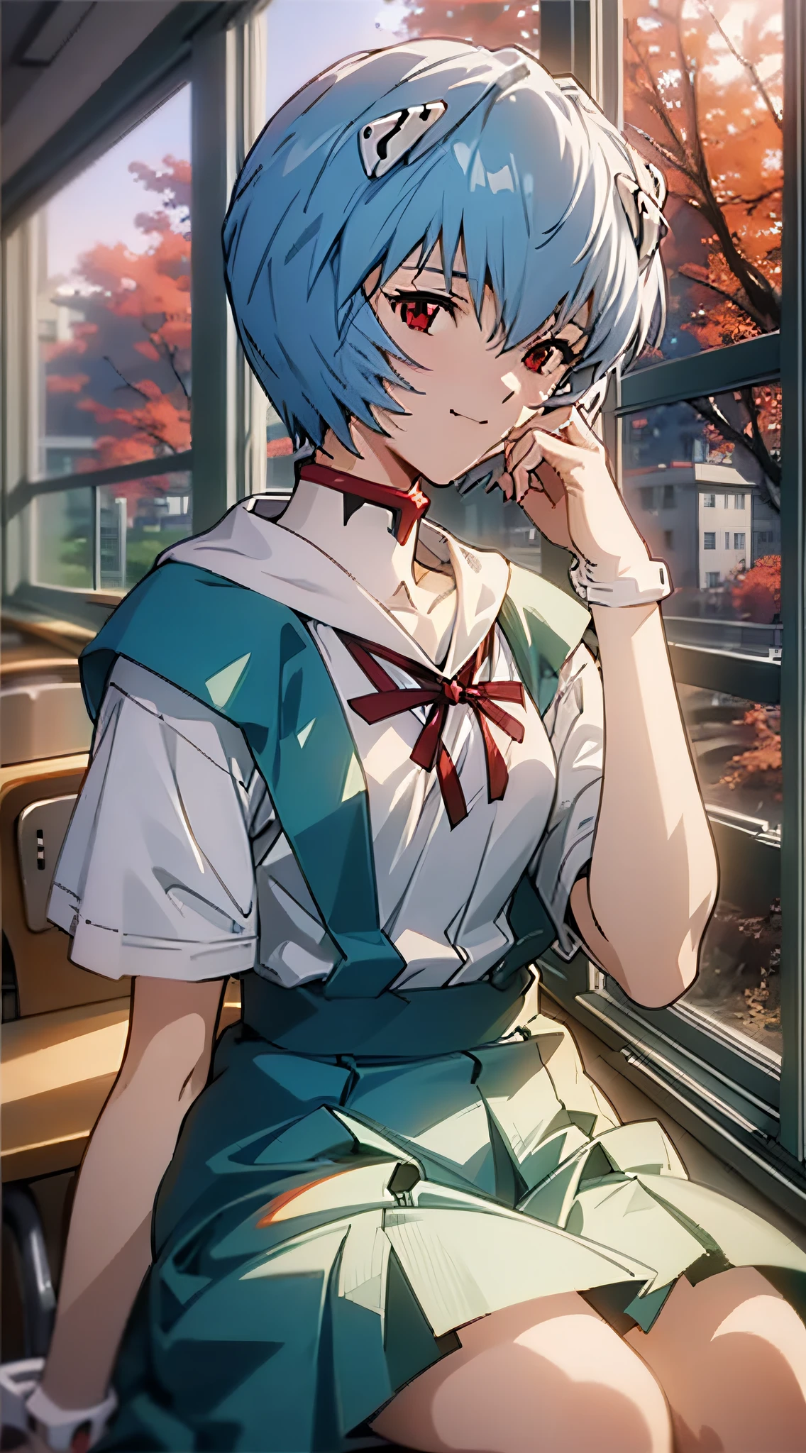 1 girl, Ayanami, Evangelion, 8K, best quality, school uniform, classroom, gentle smile, sitting in chair, looking out the window, dusk light, more details