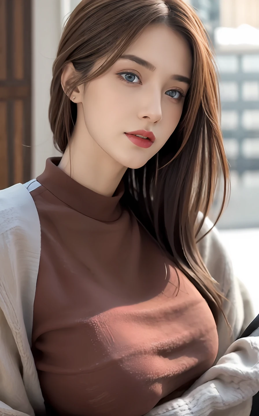 best quality, ultra high res, (photorealistic:1.4), (detailed beautiful girl:1.4), (very big breasts:0.8), looking_at_viewer, Detailed facial details, beautiful detailed eyes,brown hair, blue eyes, slender, haunting smile, (makeup:0.3), red lips, highly detailed clothes, (ulzzang-6500-v1.1:0.3)