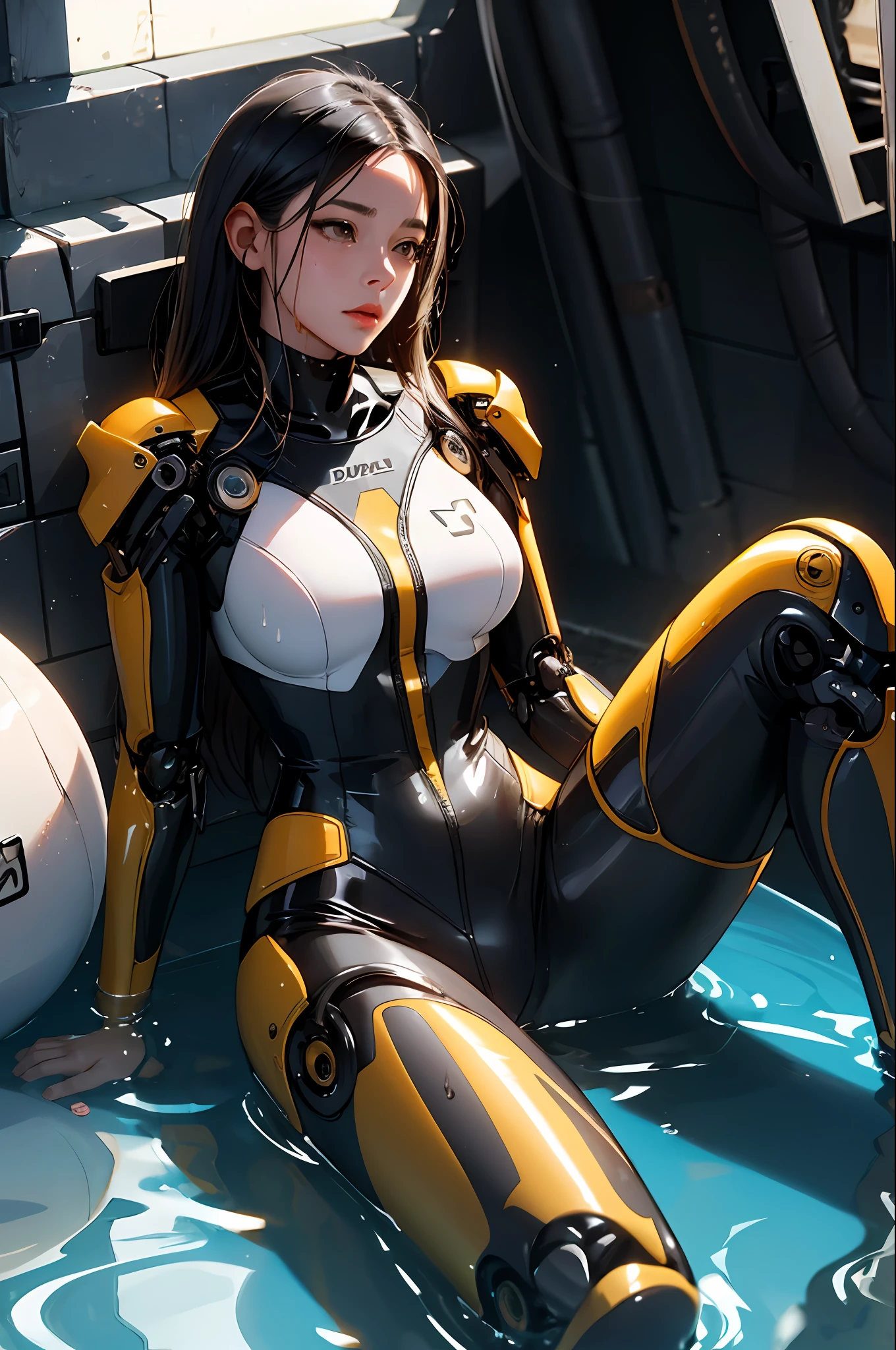 Allah's woman in yellow wetsuit sitting in a puddle, glossy wet skin!!, wet shiny skin, liquidmetal, Beautiful Female Android!, perfect android girl, Seductive Anime Girl, biomechanical oppai, cyberpunked, Drenched body, Latex skin, Wet look