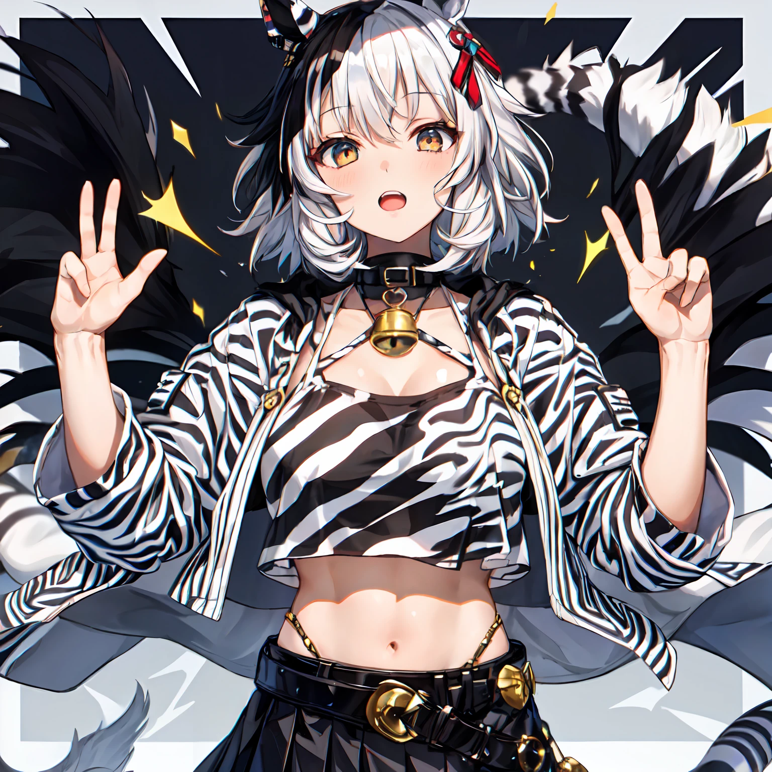 1girl,solo,umamusume,zebra print,white eyes,multicolored hair,messy hair,(white hair),black hair,short_hair,zebra cloak,black_shirt,belt,neck_bell,black_skirt