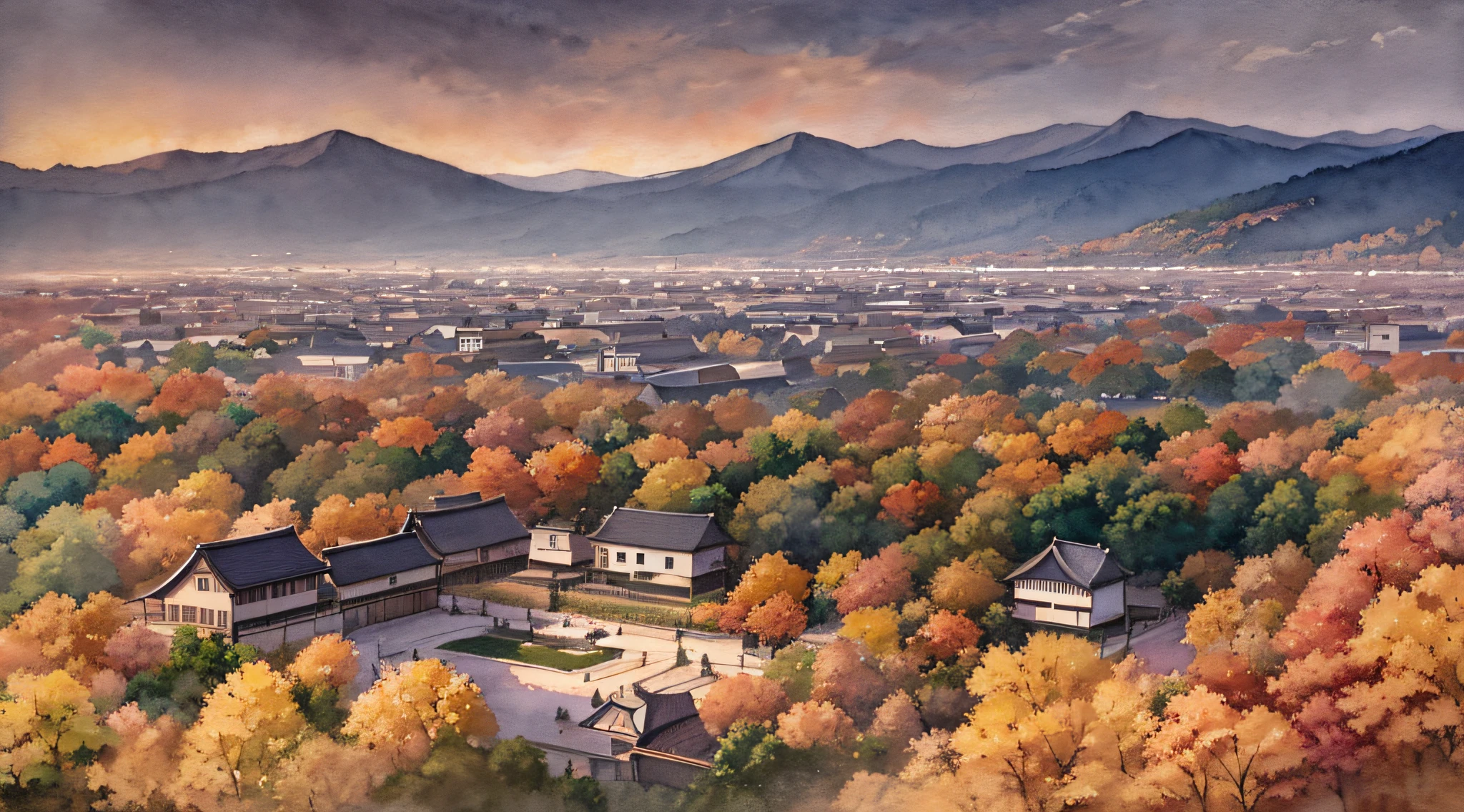 landscape, Japan, plain, nature, aerial view, (night: 1.2), ((natural lighting)), clear focus, (long shot: 1.1), (watercolor 1.2), painting, (autumn: 1.2), studio ghibli