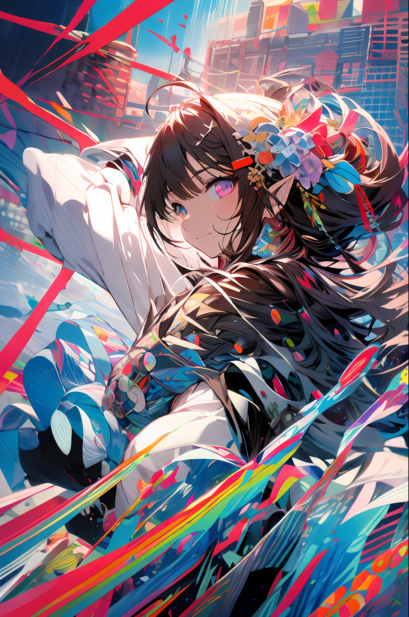, (masterpiece:1.2), best quality,midjourney,
1girl, solo, long hair, white hair, looking at viewer, long sleeves, black dress, dress, own hands together, ahoge, very long hair, shirt, bangs, red hair, hair ornament, heterochromia, multicolored hair, pointy ears, purple eyes, white background, white shirt, closed mouth