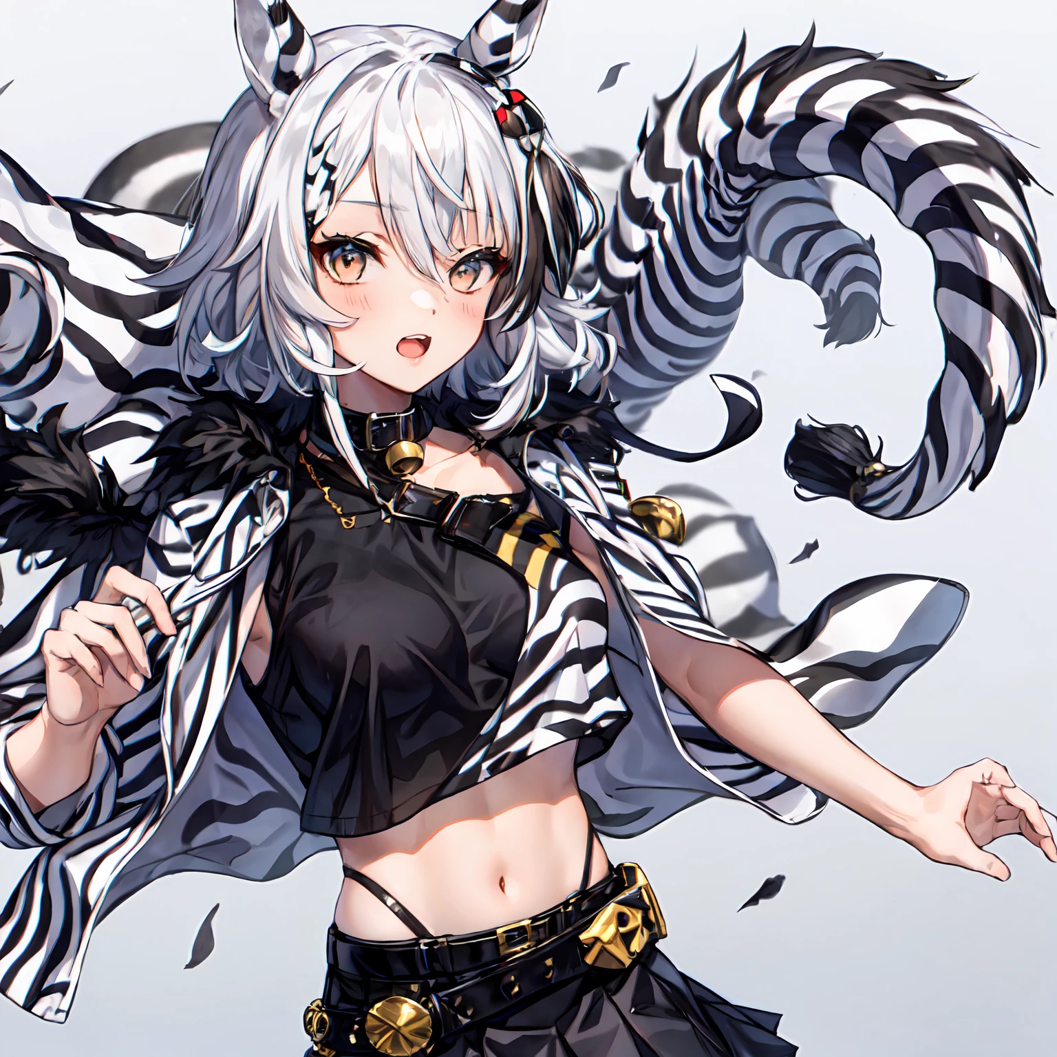 1girl,solo,umamusume,zebra print,white eyes,multicolored hair,messy hair,(white hair),black hair,short_hair,zebra cloak,black_shirt,belt,neck_bell,black_skirt