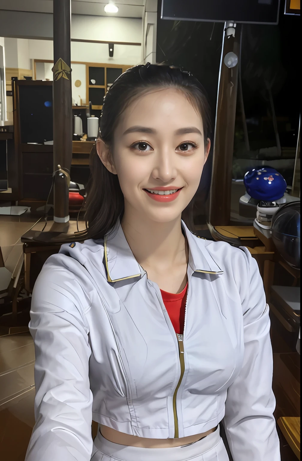 (Best quality, 8k, 32k, Masterpiece, UHD:1.2), (realistic:1.5), (masterpiece, Extremely detailed CG unity 8k wallpaper, best quality, highres:1.2), (ultra detailed, UHD:1.2), Photo of extremely cute and beautiful Japanese woman, (chestnut long wavy hair:1.2), adult, (detailed beautiful girl:1.4), best quality, woman, adult, (detailed US air-force pilot uniform:1.5), (white pilot captain jacket:1.3), (white high-waist pencil skirt:1.3), detailed clothes, (Beautiful midnight US air force base runway view background:1.3), (embarrassed laughing:1), light smile, looking at viewer, facing the viewer, ((perfect female body)), (narrow waist:1.2), (upper body image:1.3), slender, abs, (large breasted:1.25), ((frame the head)), wind, dynamic pose, cinematic light, back light, perfect anatomy, perfect proportion, detailed human body, bokeh, depth of field,