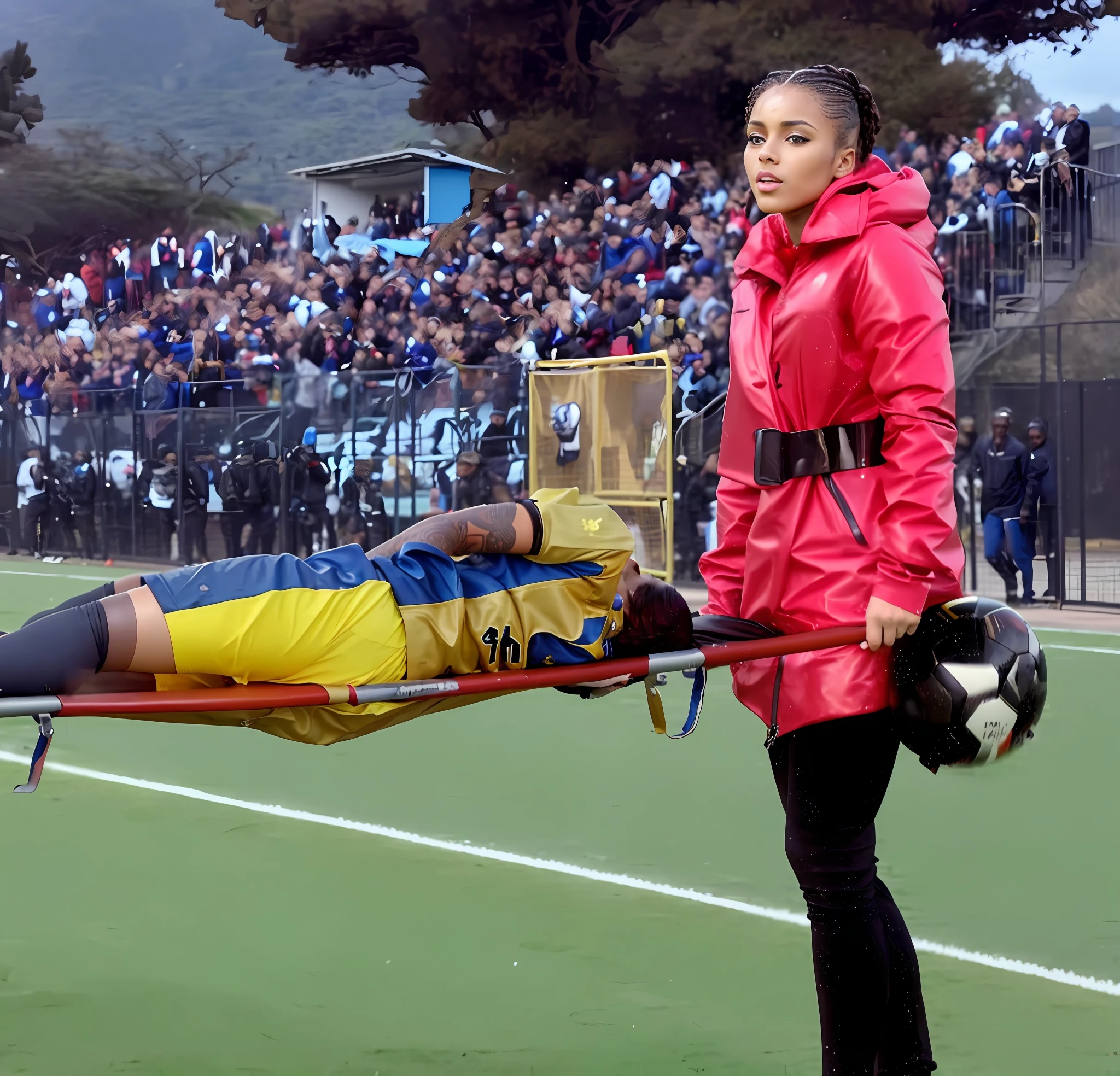 soccer, Sportverletzung, theatralische erotische Aktion, Intensive erotische Szene, Erotische Pose, Eine Liebesszene, interrassische liebevolle Aktion, erotisch, An injured tattooed football boy in matte cotton sportswear rears up in pain on a stretcher, An injured tattoo soccer player in matte cotton sportswear rears up in pain on a stretcher, die von seiner aussehenden Latex-Freundin getragen wird, Da ist ein attraktives Latex-Girl in einer nassen roten Hochglanzjacke, A frightened, but attractive fetish girl evacuates her injured soccer boyfriend from a soccer field, An injured footballer dressed in matt cotton sportswear rears up in pain on a stretcher, while he is surrounded by his very attractive, dominanten Freundin vom Spielfeld evakuiert wird, An injured football boy cries in pain, An attractive fetish girl in a wet shiny red plastic jacket provides first aid, Dramatische Actionszene, Erste Hilfe, Verletzung, Schmerz, Qual, Frau helfen, Frau, that carries a man, an attractive African girl in a shiny black biker jacket, An attractive African girl in a shiny patent leather jacket in a wet look with lipstick and make-up smokey eyes, Ein bewusstloser deutscher Junge in einem Baumwollhemd und einer matten Jeans, An attractive African girl with a lot of makeup in a very shiny, nassen schwarzen Biker-Jacke, An attractive African girl wears a shiny biker jacket, An attractive African girl with smokey eyes, an attractive girl made of shiny leather with lipstick, An attractive African girl carries a German boy, ein matt gekleideter verletzter Junge, ein kurzhaariger Junge mit Baumwoll-T-Shirt, Ein kurzhaariger Junge muss getragen werden, while wearing matte sportswear, Fotoshooting, fotografiert , Unfall, Hilfe, helfen, Erste Hilfe, Mitleid