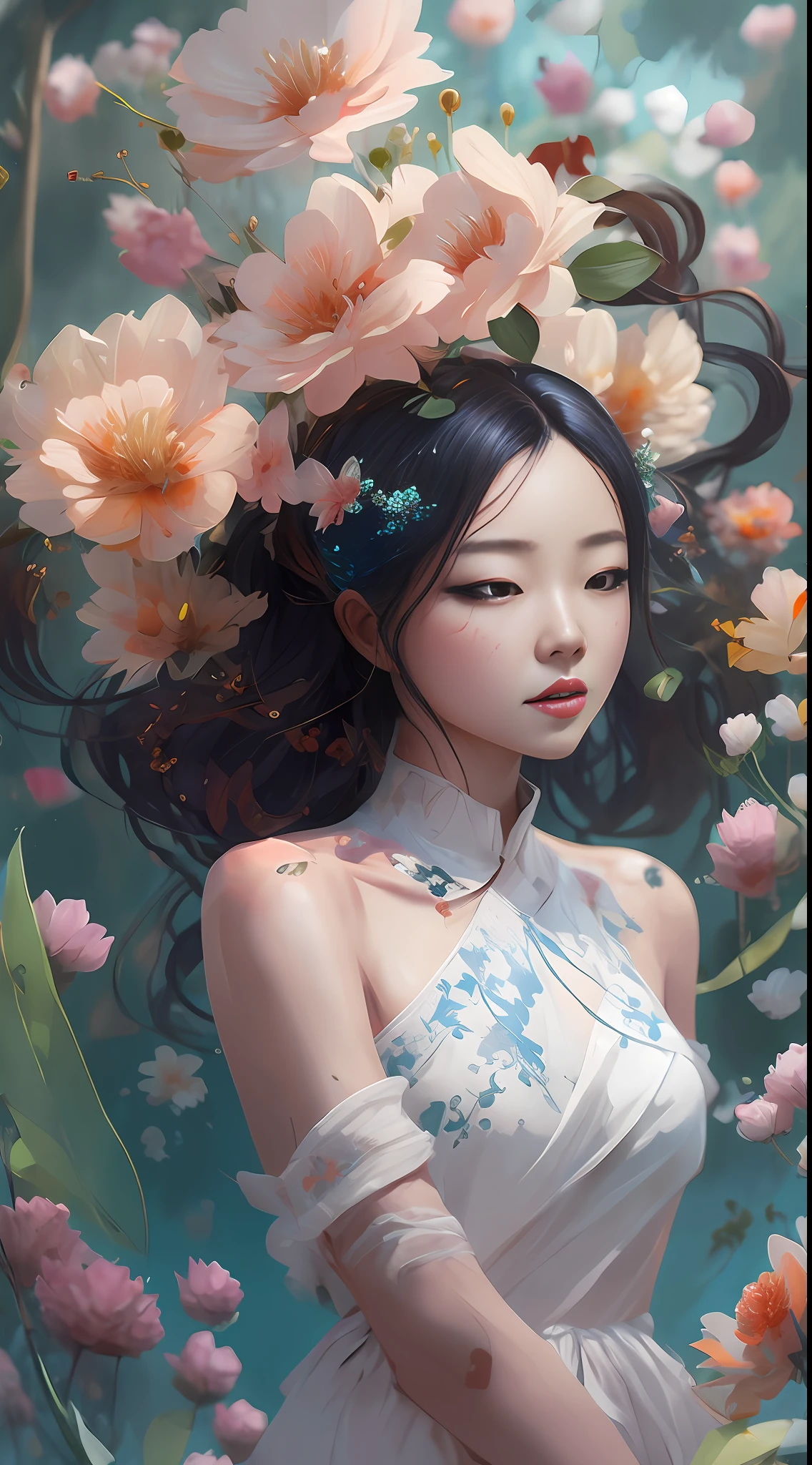 there is a woman with a flower crown on her head, Guviz-style artwork, Ross Tran 8 K, Guviz, Beautiful digital artwork, A beautiful artwork illustration, Beautiful digital illustration, By Li Song, Ross Tran style, by Russell Dongjun Lu, Guweiz on ArtStation Pixiv, author:yanjun cheng