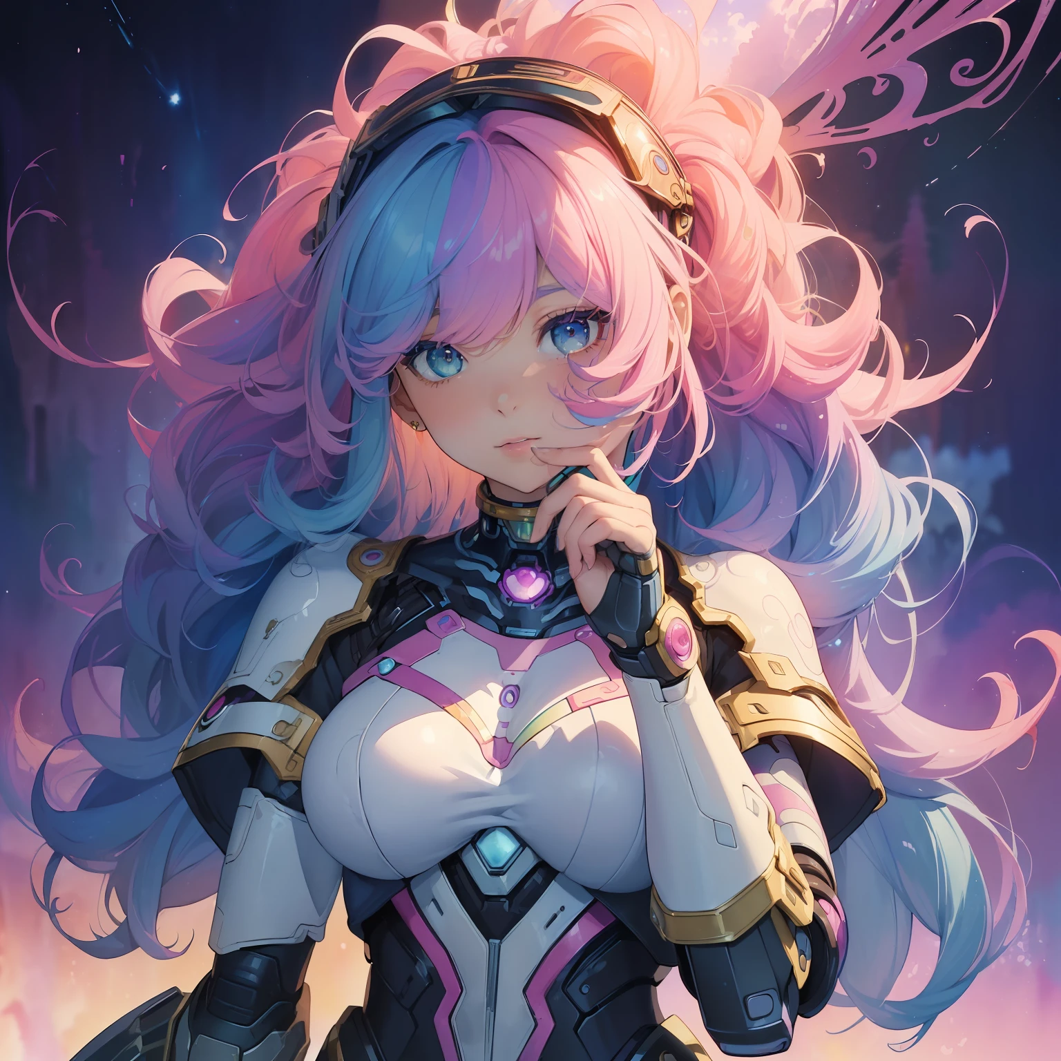 (​masterpiece、top-quality、top-quality、watercolor paiting(Curly)、Official Art、Beautifully Aesthetic:1.2)、(1girl in:1.3)、(cyborgs、Mobile Armor:1.3)、(Fractal art:1.3)、full bodyesbian、Detailed hand、detailed arms、patterns、(rainbow-colored hair、colourful hair、Half blue and half pink hair:1.2)、(kosmos:1.3）