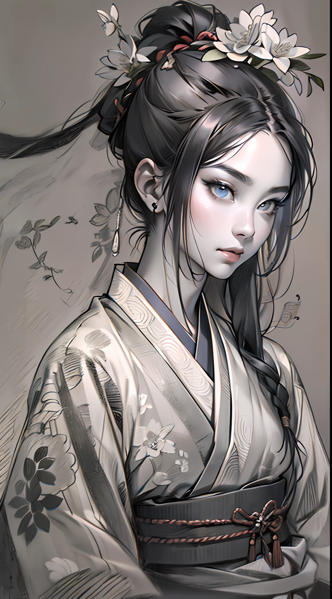 sketching,pencil drawing,Ponytail girl,There are small broken flowers on the head,Chinese ancient style,Samurai clothes,Black and white picture,super-fine,Hair is carefully described,The eyes are carefully depicted,best qualtiy,8K分辨率