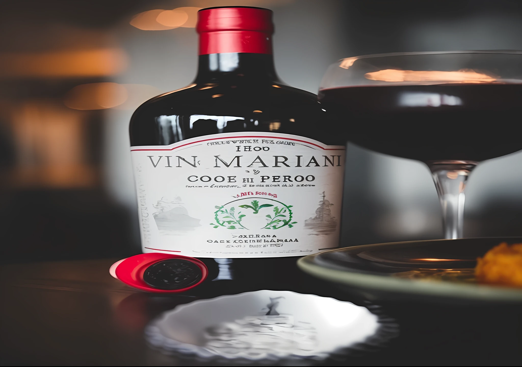 There is a bottle of wine and a plate of food on a table, Directed by: Carlo Martini, inspirado em Perin del Vaga, inspirado em Carlo Martini, Directed by: Juan Fernando Cobo, Directed by: Matteo Pérez, Directed by: Luis Miranda, inspirado na Coppo di Marcovaldo, Directed by: Jakob Emanuel Handmann, amargo, Directed by: Warren Mahy, Directed by: Sebastian Vrancx