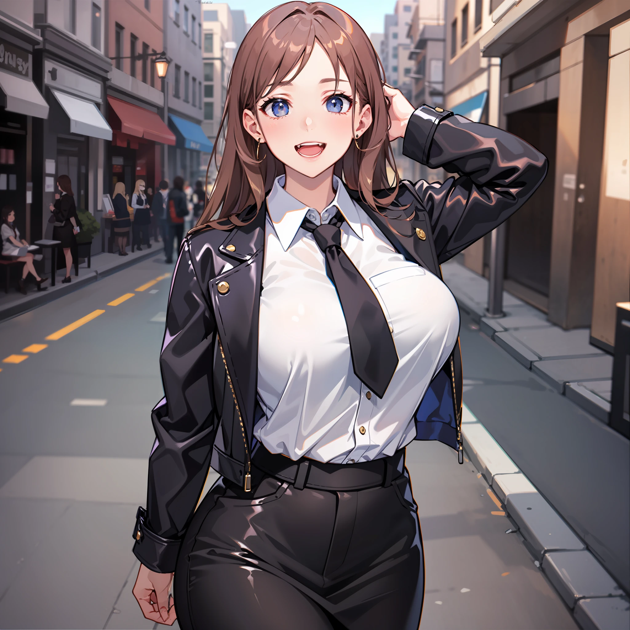 (Masterpiece: 1.6, Best Quality), (Fine and Beautiful Eyes: 1.2), (Overhead), High Quality, Beautiful Face, 1girl, Leather Tight Skirt, Oversized Leather Jacket, Big Tits, Long Hair, Wide Hips, (Landscaped), Street, Background, Detail Background, Spooky Smile, Angled Laughter at the Corners of Mouth, Long Coat, Shirt, Tie, Office Lady,
