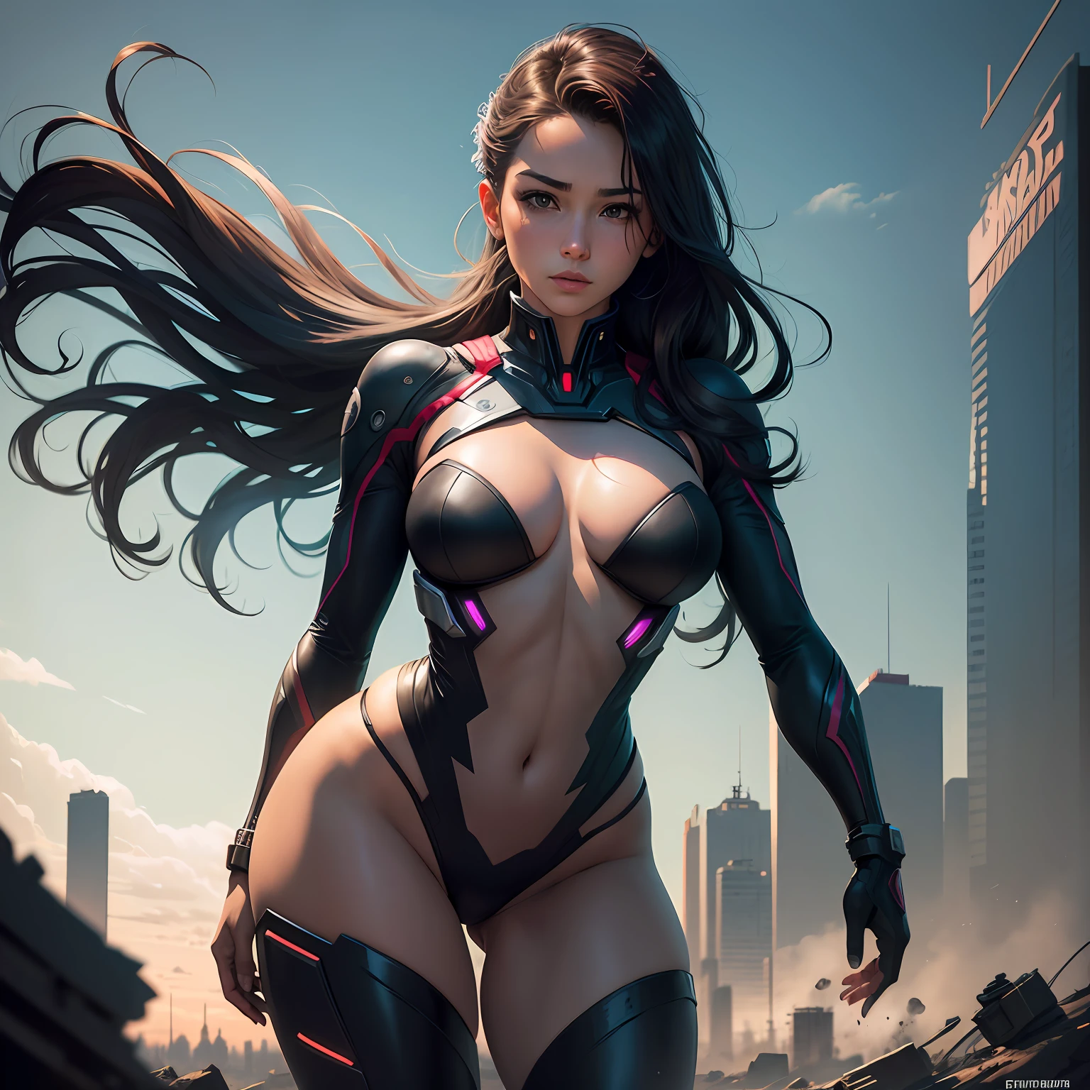 supergirl, pureerosface_v1, adesivo de uma garota da dc comic, corpo inteiro, Kim Jung gi, liberdade, alma, digital illustation, comiс style, cyberpunk, anatomia perfeita, centrada, Approaching perfection, dynamics, altamente detalhada, pintura em aquarela, artstation, arte conceitual, suave, foco nítido, illustration, arte por Carne Griffiths e Wadim Kashin ,, (obra-prima, melhor qualidade, ultra-detalhado, melhor sombra),, No estilo de Neon Genesis Evangelion, You find yourself in a desolate, post-apocalyptic wilderness, as the distant ruins of a massive city loom on the horizon. The sky is filled with ominous clouds, como uma enorme criatura torres ao longe, peito enorme, peitos gigantescos, titsnipples, Curvilinear, thicc --auto