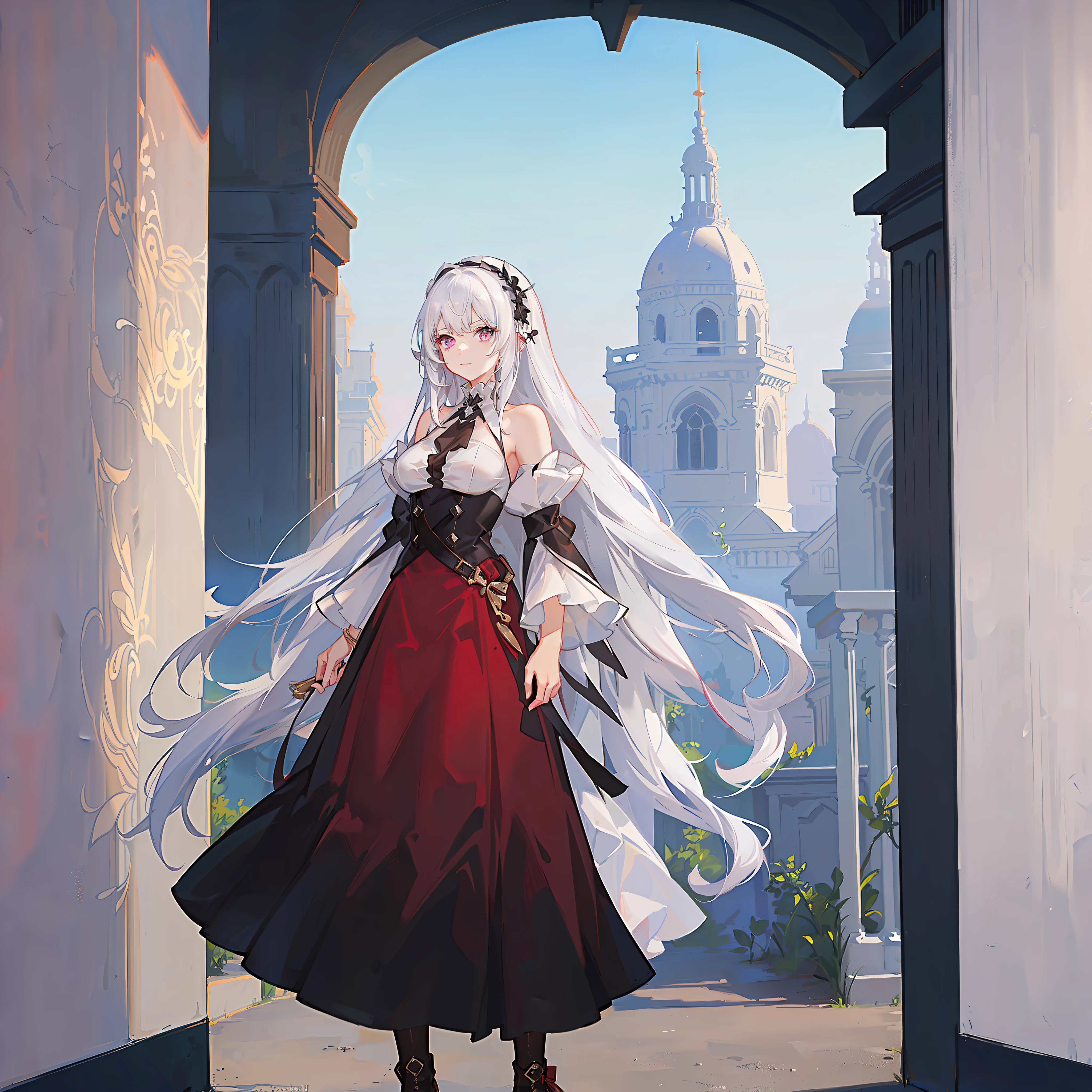 teens girl,White hair,Maroon eyes,Blackn clothes,exteriors