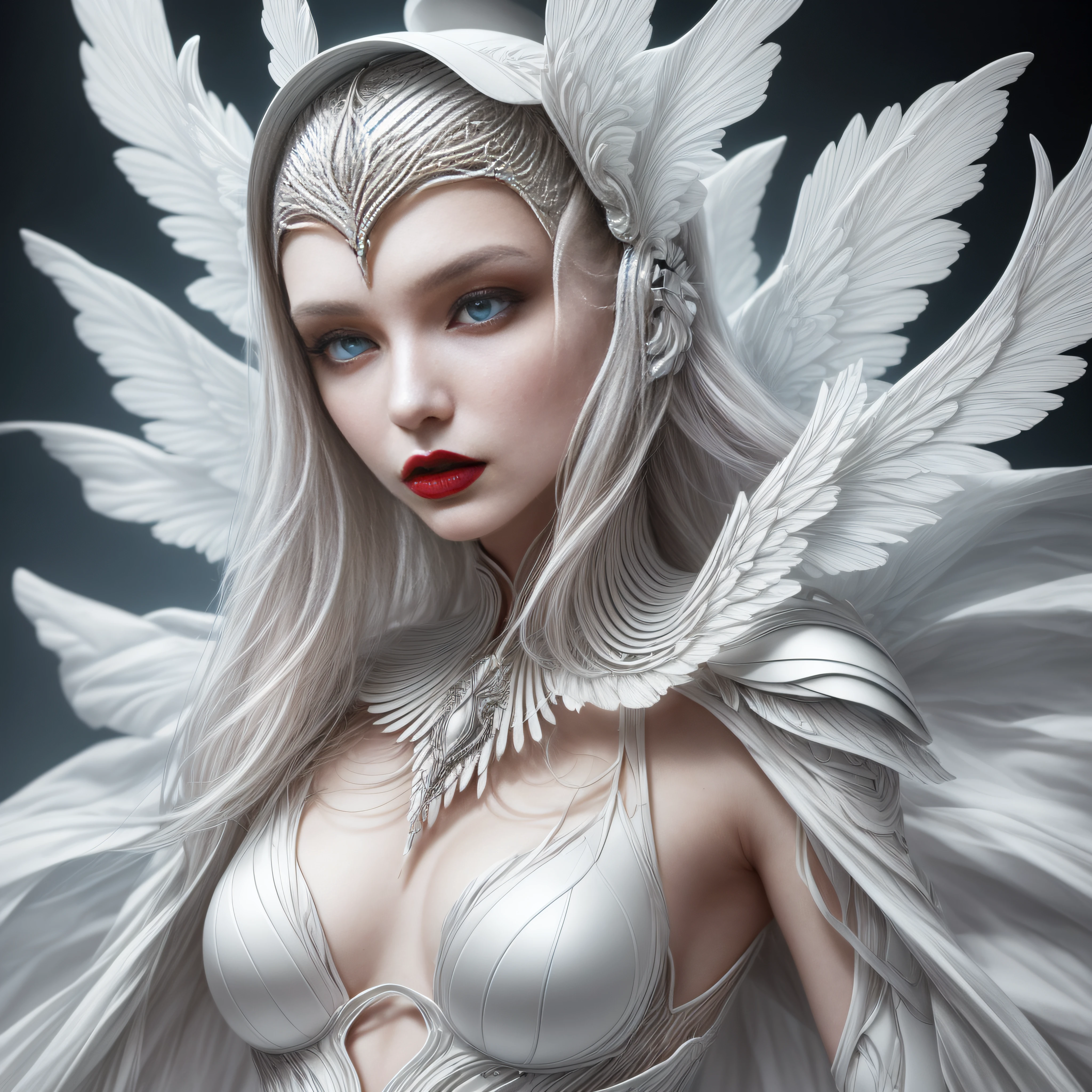 ((add_detail:1)), arafed woman with a white dress and wings on her head, with intense red lipstick, porcelain cyborg, futuristic fashion, fractal ceramic armor, pale white porcelain skin, Iris van Herpen Rankin, futuristic and ethereal, porcelain cyborg armor, pale milky white porcelain skin, white porcelain skin, white porcelain skin,  Pale porcelain skin, HG Giger Flora Borsi, futuristic fashion woman, wearing futuristic