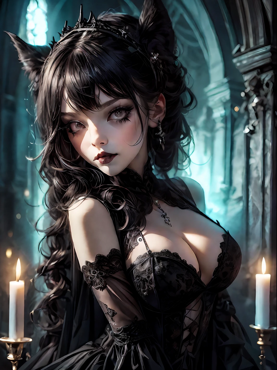 HighestQuali，tmasterpiece：1.2，Detailed details，1 Gothic girl，Black wedding dress，Sexy，chies，a lit candle