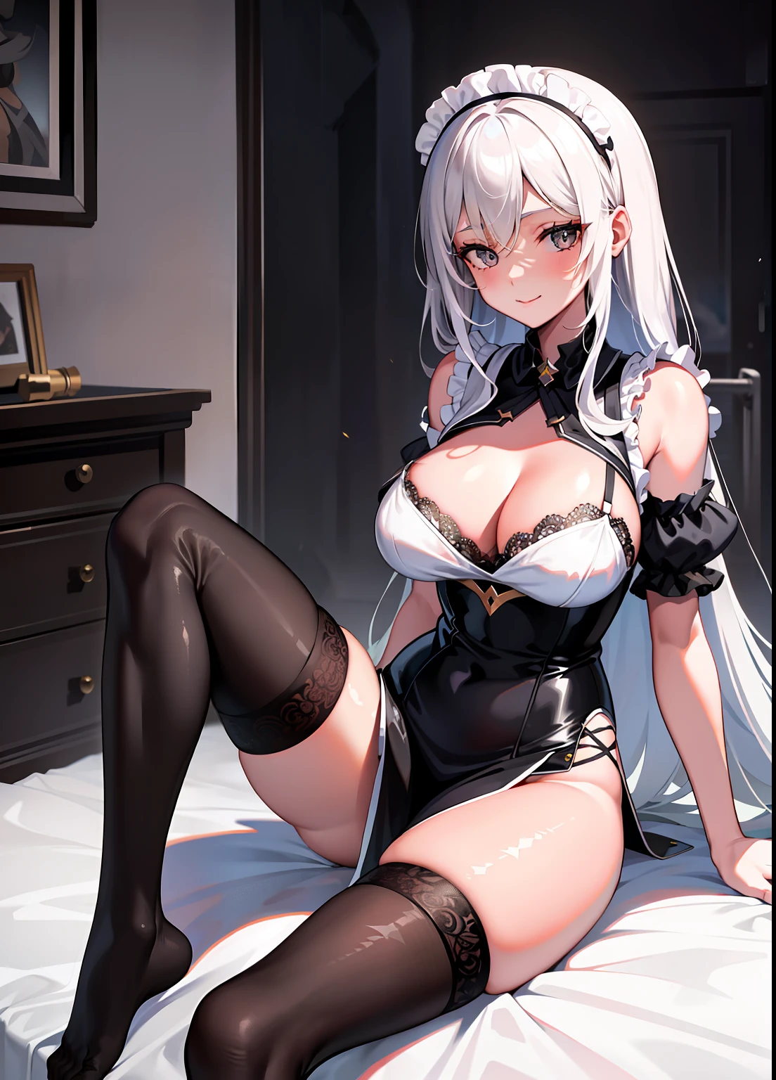 1girll,Moderately large breasts,maidennurse,the maid outfit,blacksilk,2D Beautiful Girl,Absolute realm,ssmile,long white hair,Black eyes,sit on a bed,Slightly expose the chest,Black stockings are embellished with lace,Normal hands,Two legs,high qulity,beautiful age girl,Be red in the face,k hd,Normal body,Slim legs