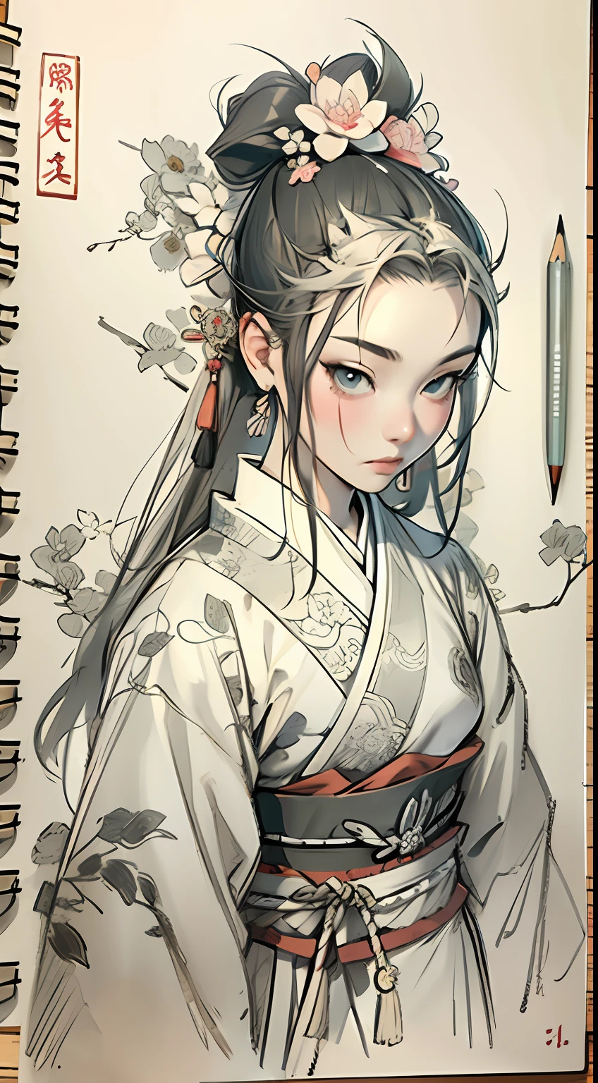sketching,pencil drawing,Ponytail girl,There are small broken flowers on the head,Chinese ancient style,Samurai clothes