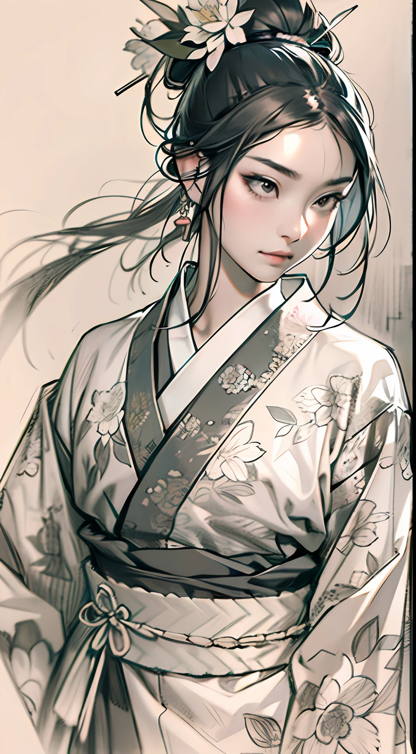 sketching,pencil drawing,Ponytail girl,There are small broken flowers on the head,Chinese ancient style,Samurai clothes,Black and white picture,super-fine,The hair is carefully described,The eyes are carefully portrayed,best qualtiy,8K分辨率,