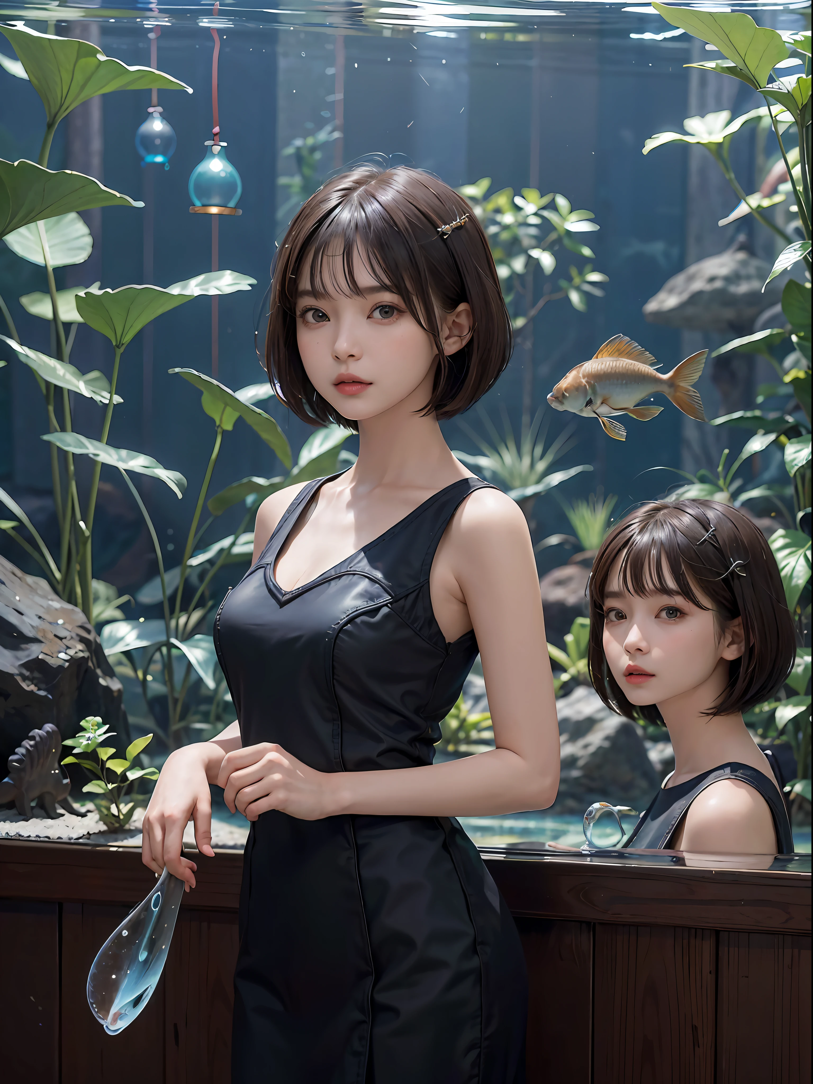(((a 20 yo woman)))、((aquariums))、​masterpiece, 1 beautiful girls, (((very_Short_hair))), Eye details, Swollen eyes, Top image quality, 超A high resolution, (Realistis: 1.4), OriginalPhotographs, 1girl in, Cinematographic lighting, japanes, very beautif, Beautiful skins, (A hyper-realistic), (hight resolution), (8 K), (ighly detailed), (The best illustrations), (beautifully detailed eyes), (ultra-detailliert), A detailed face, look at a camera, Facing straight ahead, Neat Clothing, shorth hair、A dark-haired、46-point diagonal bangs、((aquariums))、Lots of fish、tropical fish