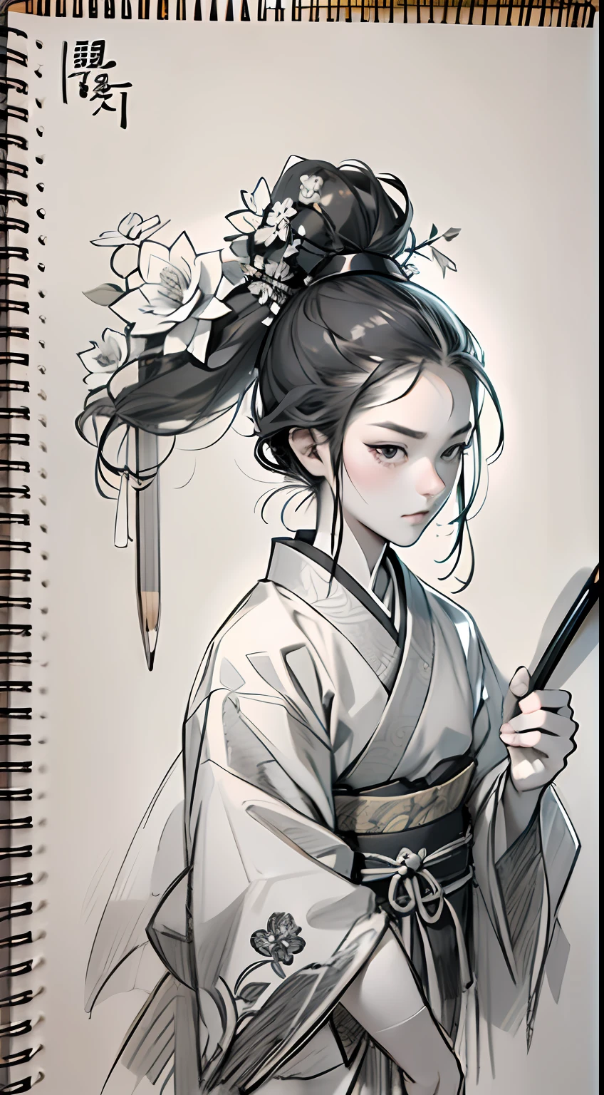sketching，pencil drawing，Ponytail girl，There are small broken flowers on the head，Chinese ancient style，Samurai clothes，Black and white picture，super-fine，The hair is carefully described，The eyes are carefully portrayed，best qualtiy，8K分辨率，